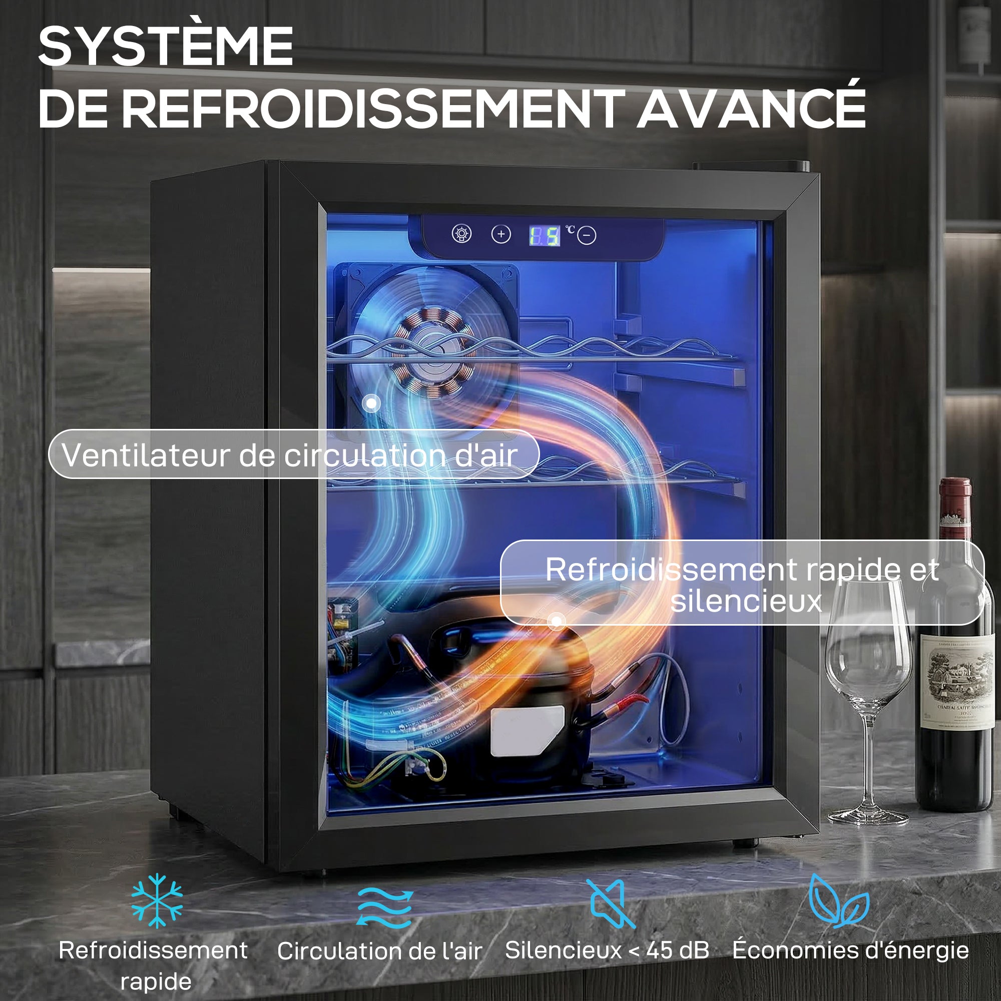 Cave à vin 16 bouteilles 48L, réfrigérateur à vin et boissons avec température réglable 4-16 °C, porte réversible en verre trempé double, éclairage LED et étagère amovible, noir