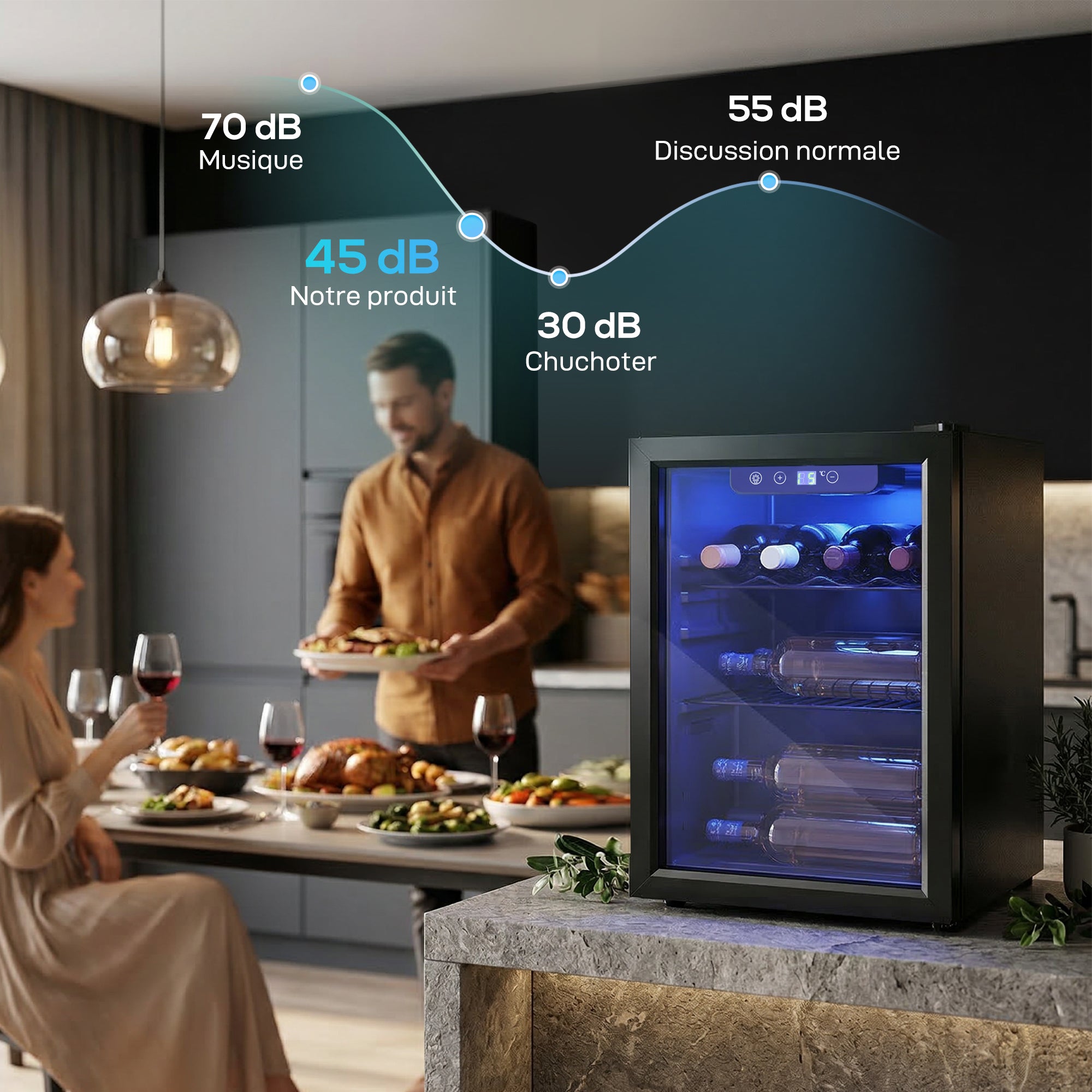 Cave à vin 16 bouteilles 48L, réfrigérateur à vin et boissons avec température réglable 4-16 °C, porte réversible en verre trempé double, éclairage LED et étagère amovible, noir