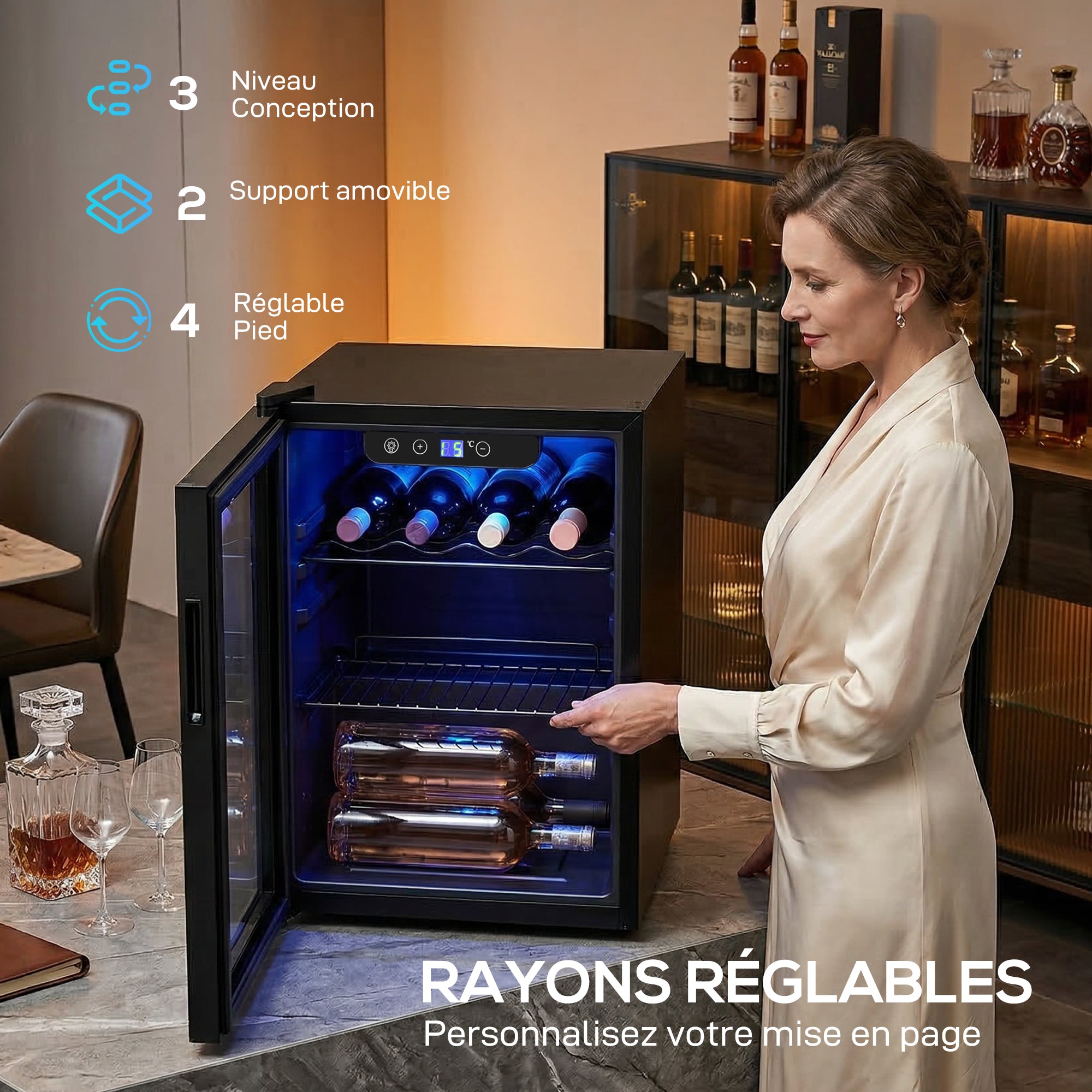 Cave à vin 16 bouteilles 48L, réfrigérateur à vin et boissons avec température réglable 4-16 °C, porte réversible en verre trempé double, éclairage LED et étagère amovible, noir