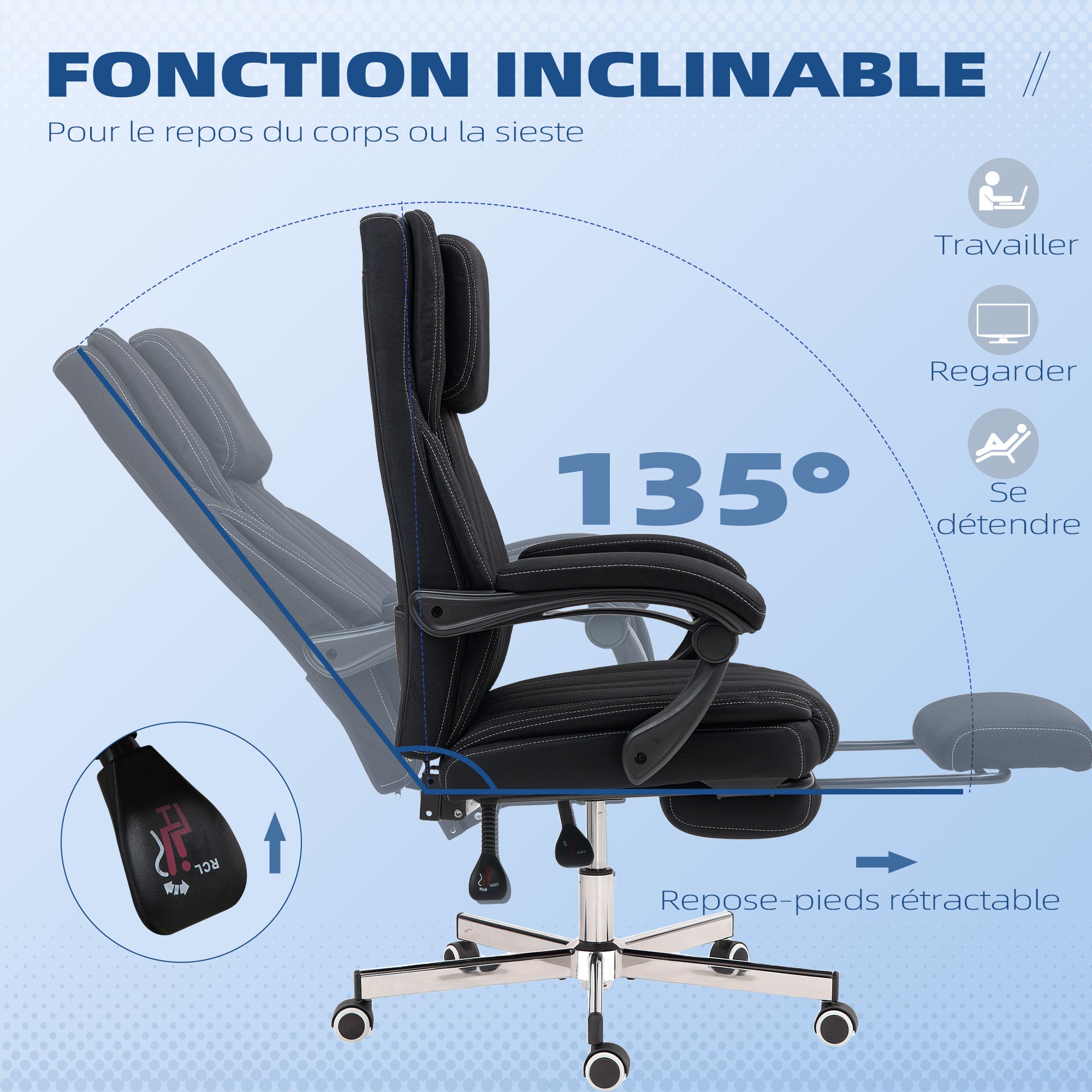 Chaise bureau fauteuil de bureau chaise ergonomique hauteur réglable dossier inclinable accoudoirs repose-pieds et appui-tête siège de bureau à roulettes pivotantes 65x61x105-113cm noir