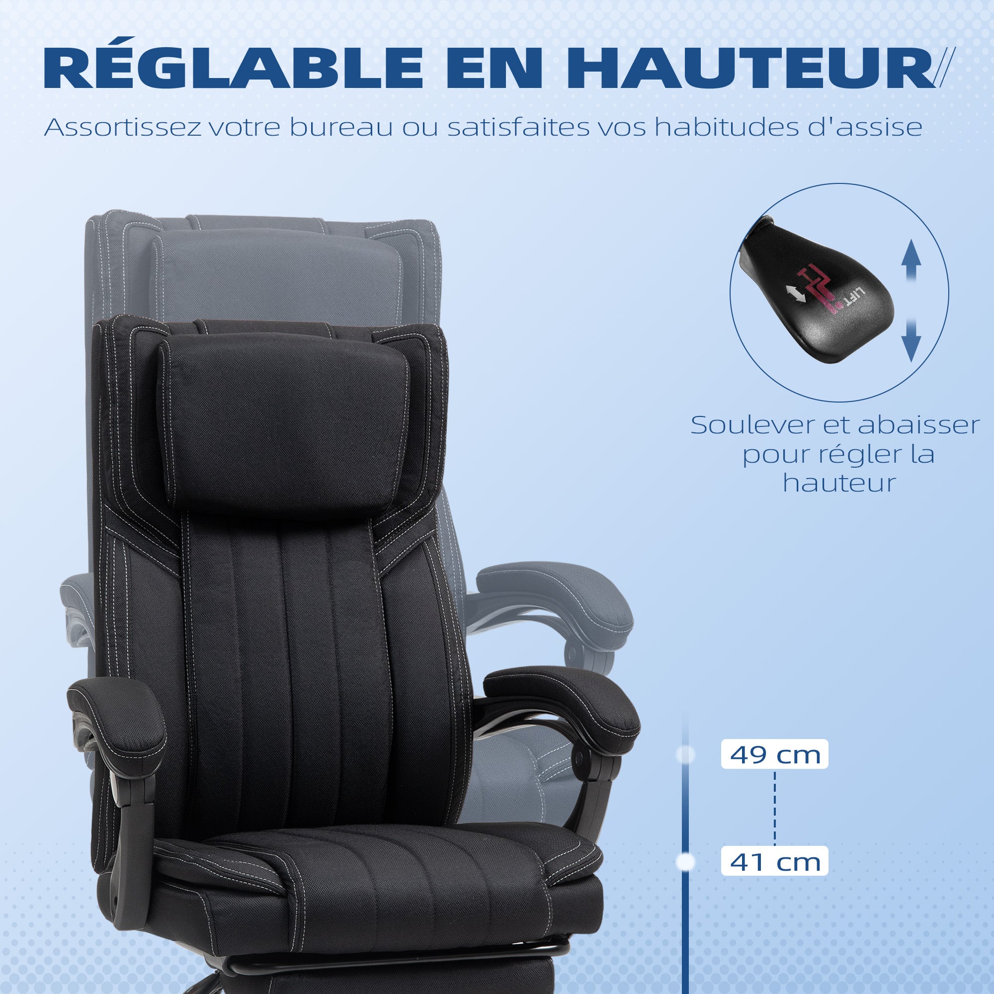 Chaise bureau fauteuil de bureau chaise ergonomique hauteur réglable dossier inclinable accoudoirs repose-pieds et appui-tête siège de bureau à roulettes pivotantes 65x61x105-113cm noir