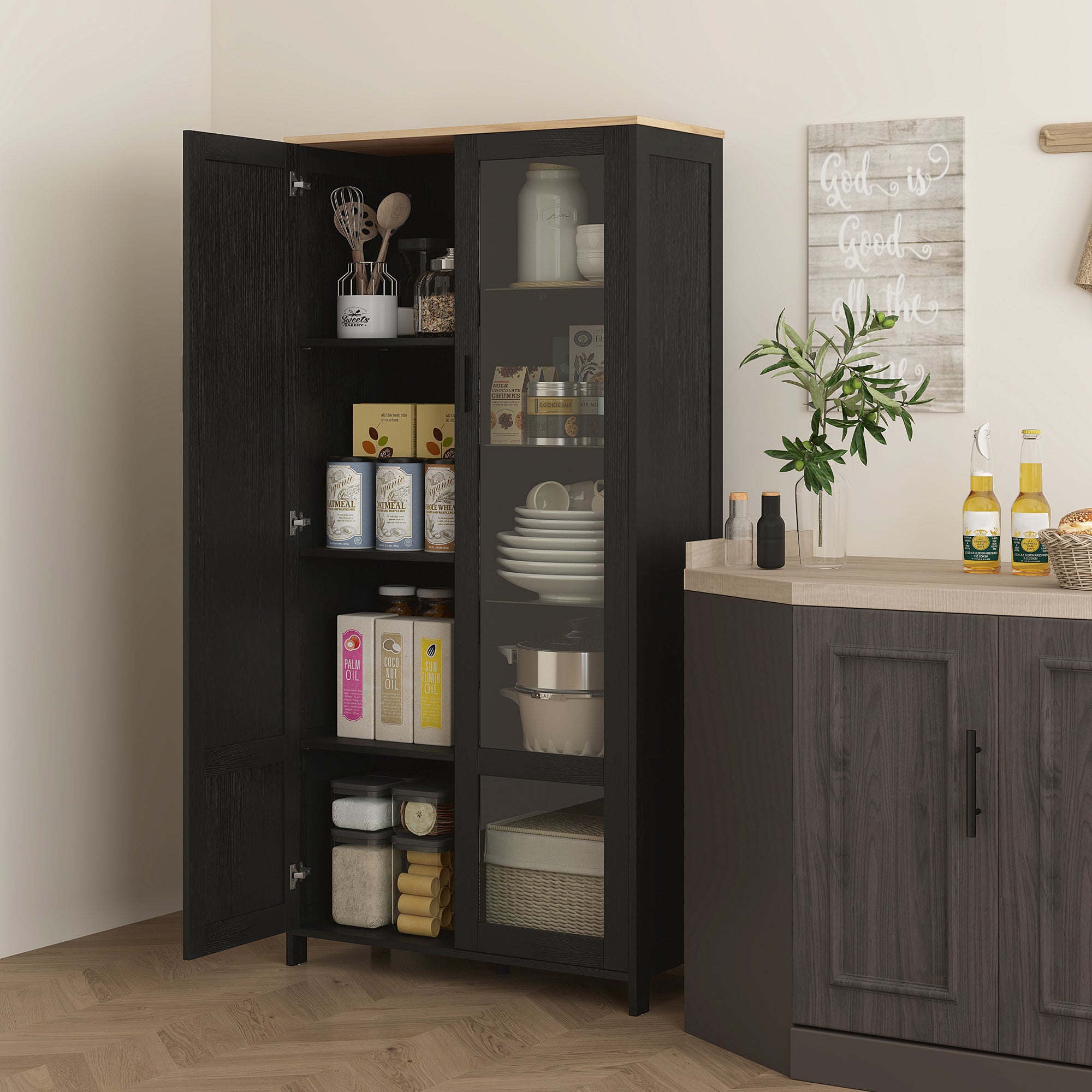 Armoire cuisine, buffet de cuisine, vaisselier, meuble vitrine à 2 portes dont une porte vitrée - meuble de rangement avec étagères réglables et 9 compartiments, 76 x 36 x 160 cm - noir
