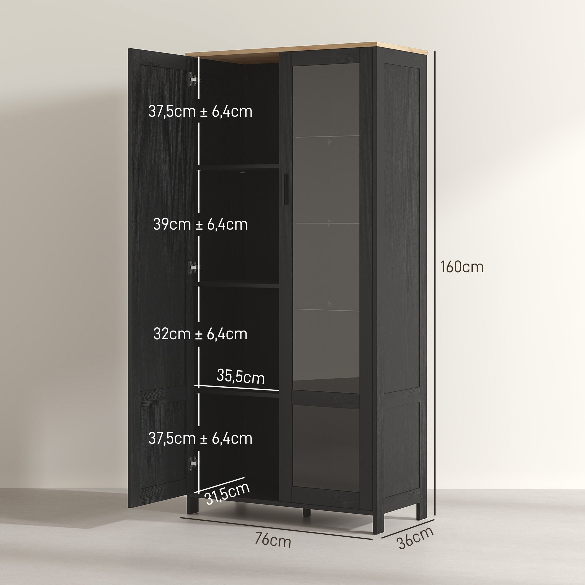 Armoire cuisine, buffet de cuisine, vaisselier, meuble vitrine à 2 portes dont une porte vitrée - meuble de rangement avec étagères réglables et 9 compartiments, 76 x 36 x 160 cm - noir