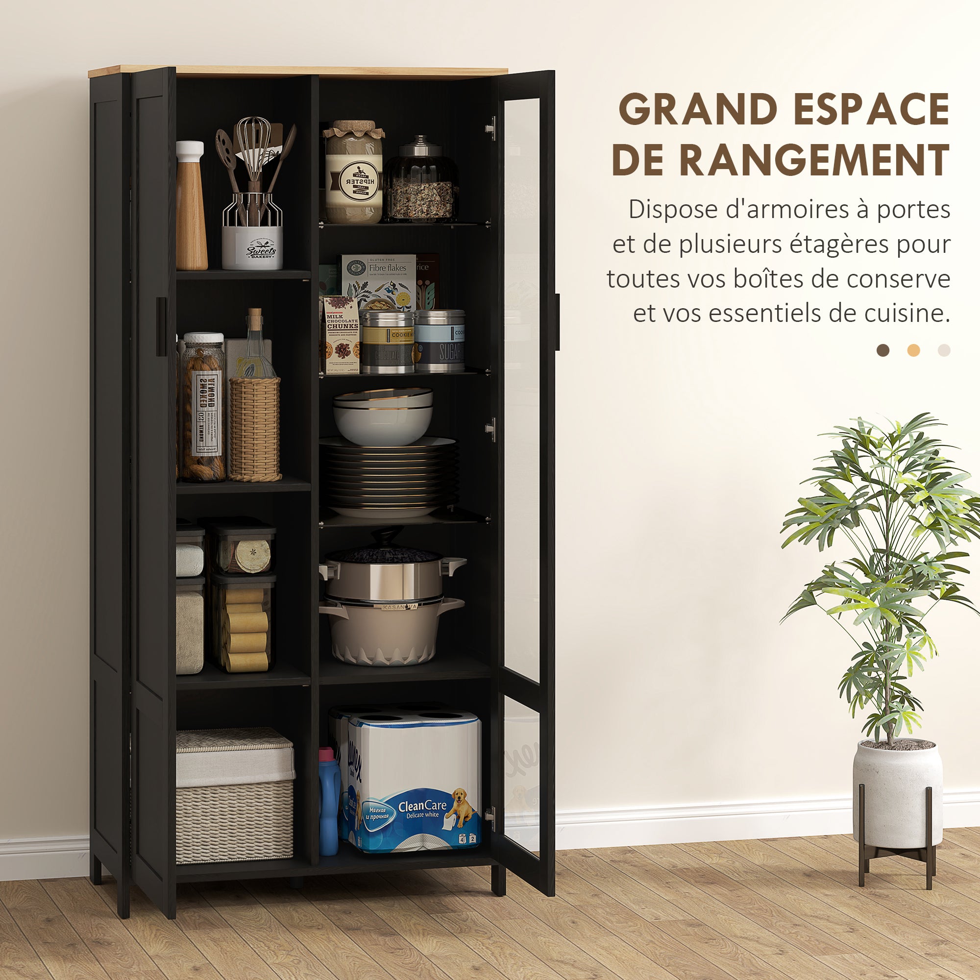 Armoire cuisine, buffet de cuisine, vaisselier, meuble vitrine à 2 portes dont une porte vitrée - meuble de rangement avec étagères réglables et 9 compartiments, 76 x 36 x 160 cm - noir
