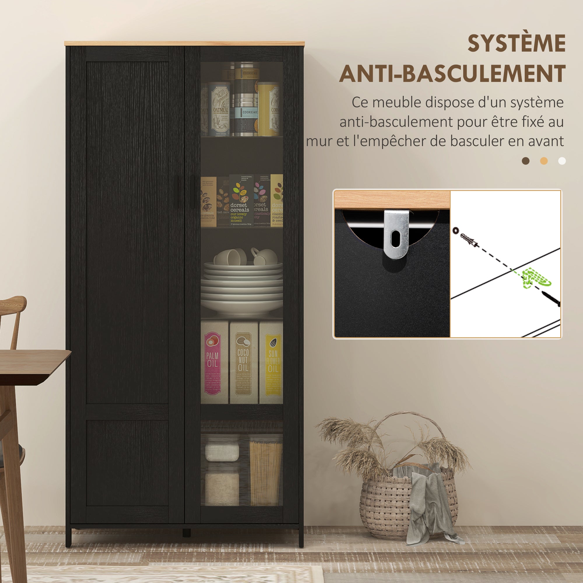 Armoire cuisine, buffet de cuisine, vaisselier, meuble vitrine à 2 portes dont une porte vitrée - meuble de rangement avec étagères réglables et 9 compartiments, 76 x 36 x 160 cm - noir