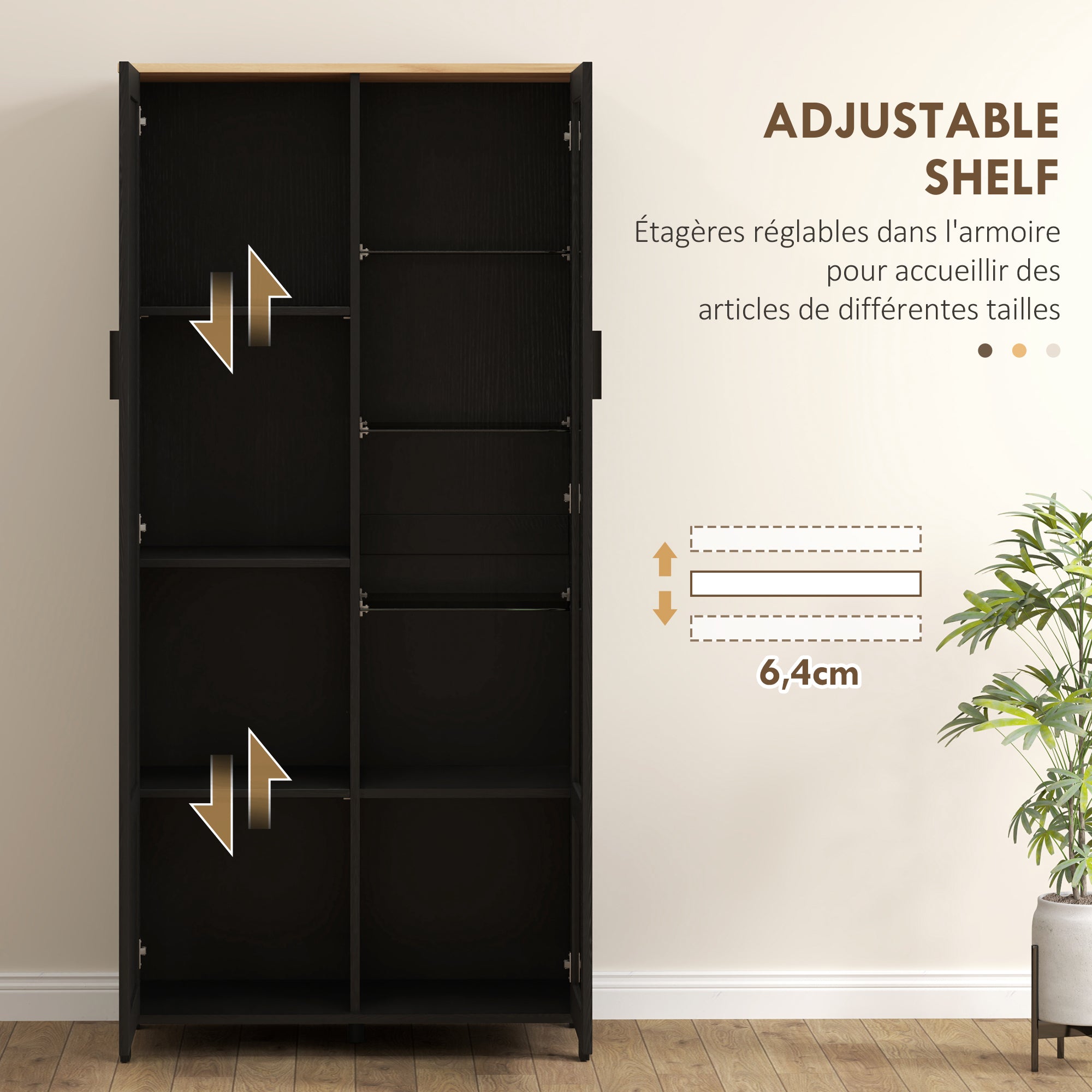 Armoire cuisine, buffet de cuisine, vaisselier, meuble vitrine à 2 portes dont une porte vitrée - meuble de rangement avec étagères réglables et 9 compartiments, 76 x 36 x 160 cm - noir