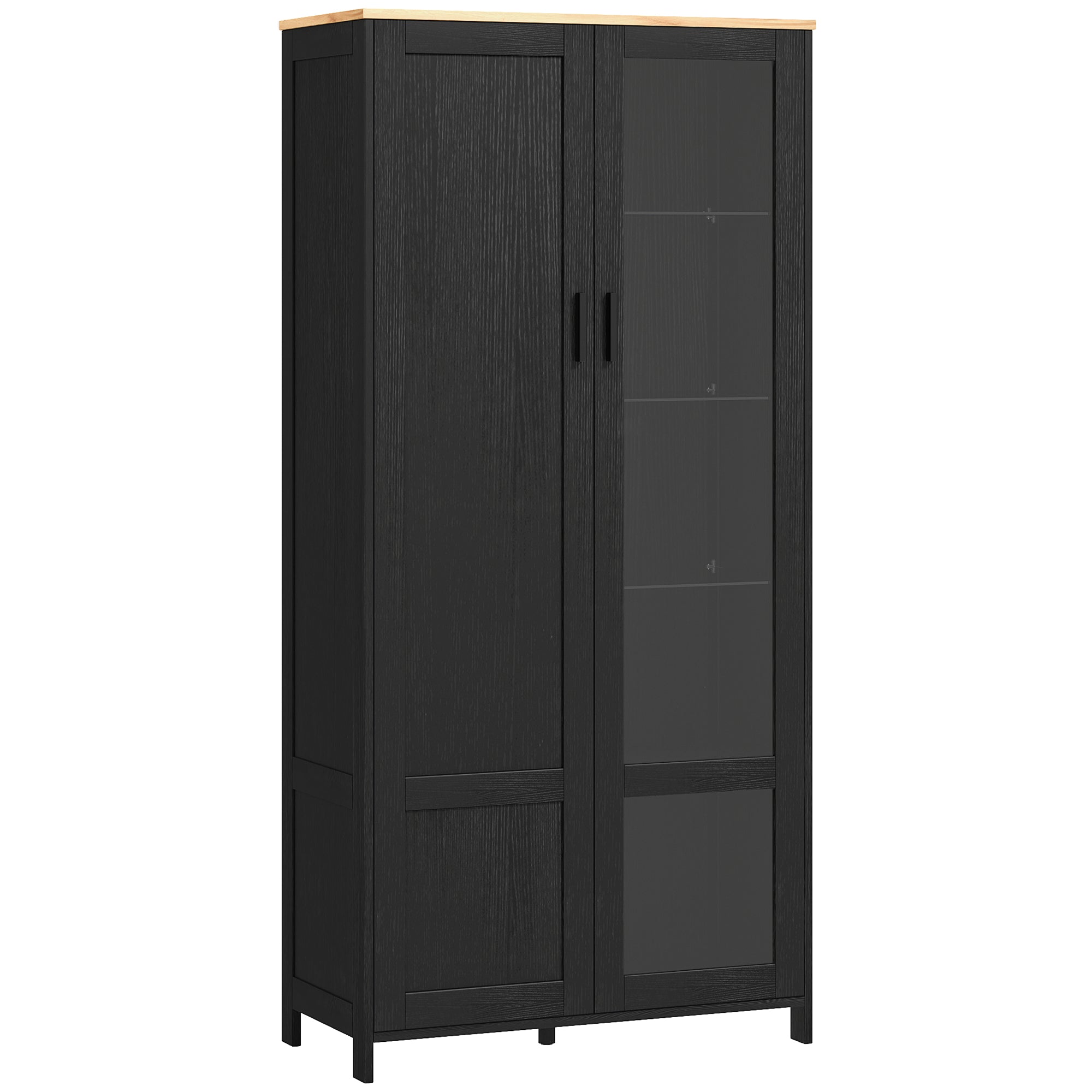 Armoire cuisine, buffet de cuisine, vaisselier, meuble vitrine à 2 portes dont une porte vitrée - meuble de rangement avec étagères réglables et 9 compartiments, 76 x 36 x 160 cm - noir