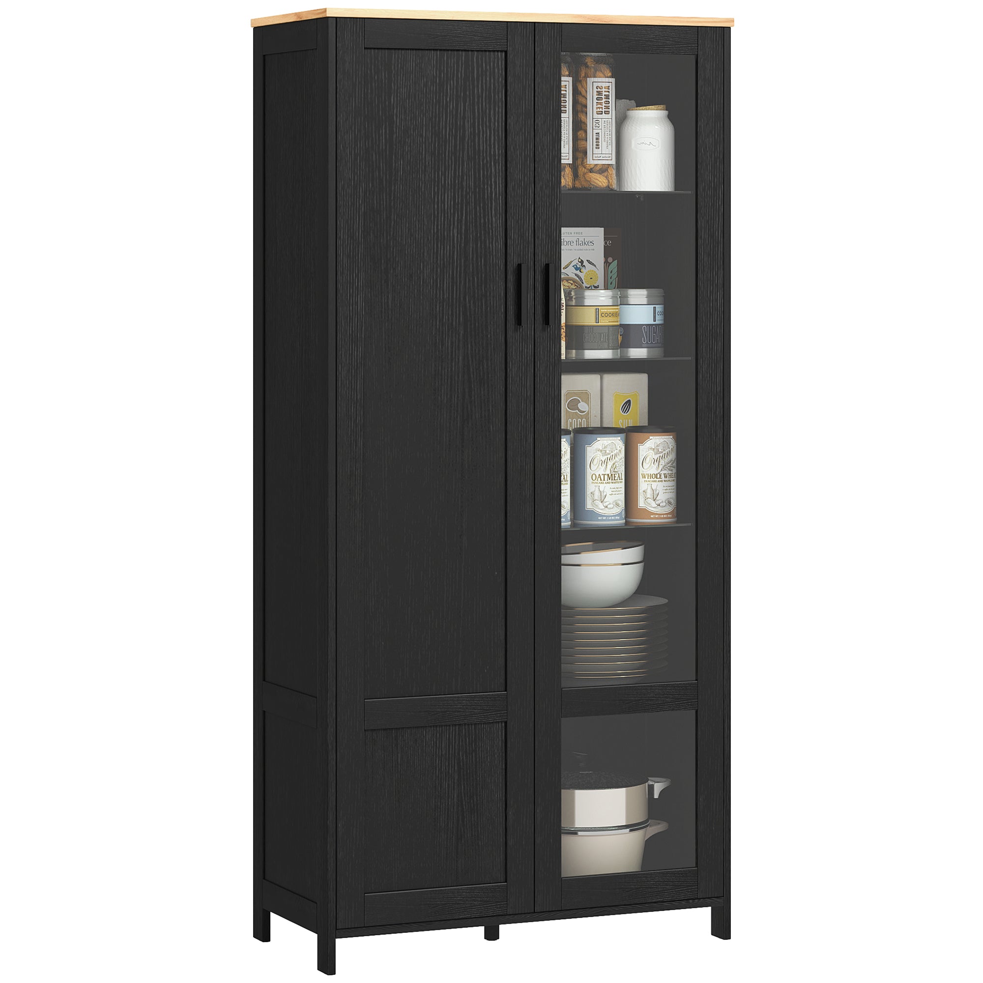 Armoire cuisine, buffet de cuisine, vaisselier, meuble vitrine à 2 portes dont une porte vitrée - meuble de rangement avec étagères réglables et 9 compartiments, 76 x 36 x 160 cm - noir