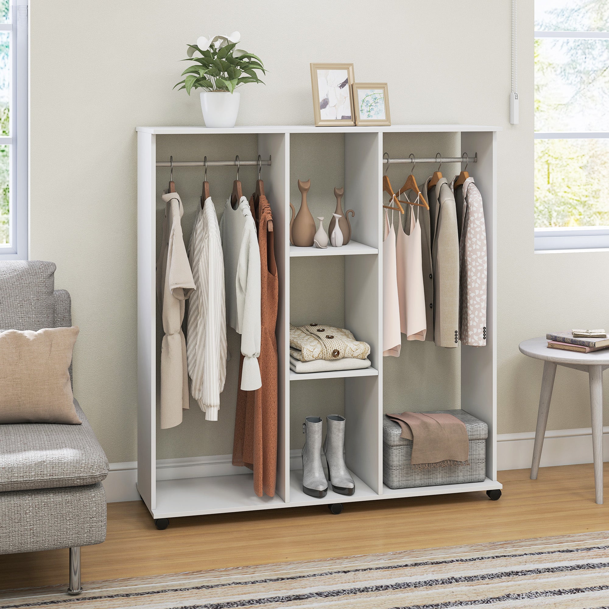 Armoire penderie Meuble de Rangement Mobile 6 roulettes 120L x 40l x 128H cm en bois Blanc
