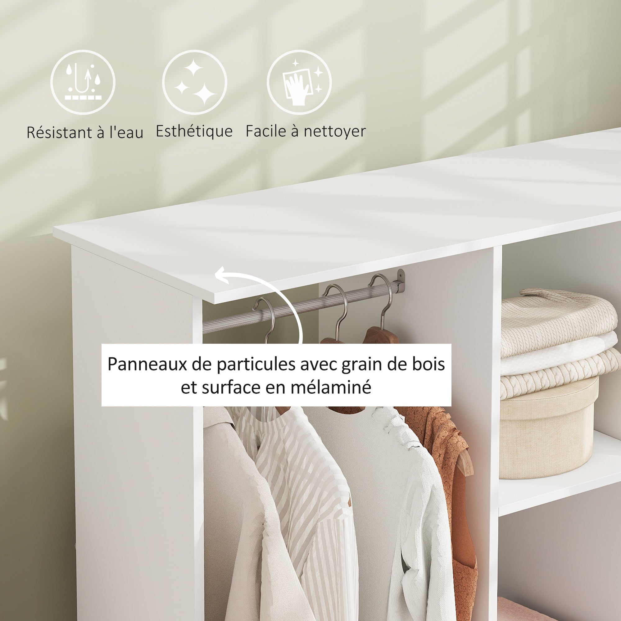 Armoire penderie Meuble de Rangement Mobile 6 roulettes 120L x 40l x 128H cm en bois Blanc