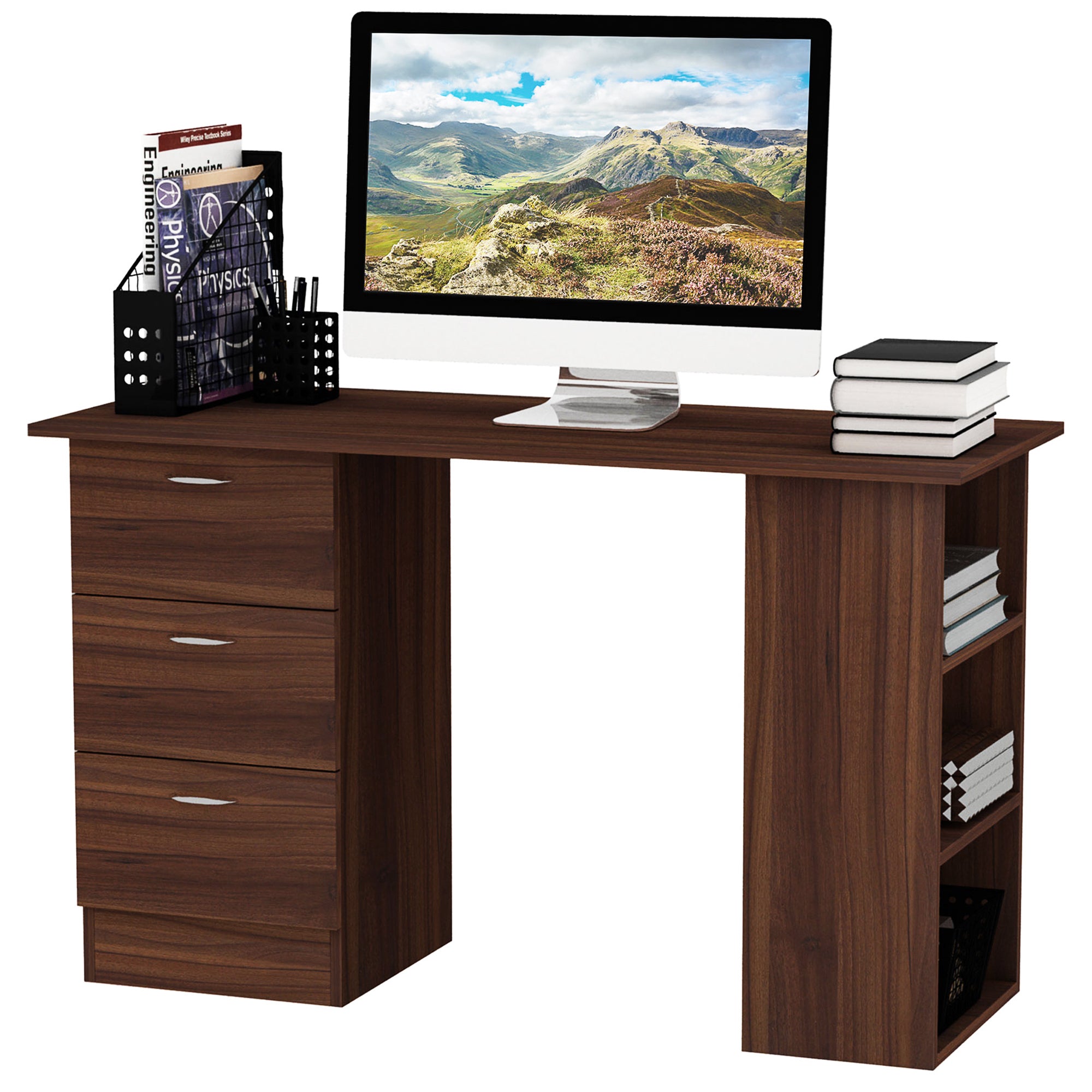 Bureau avec rangement, table informatique 120 x 50 cm, bureau d'ordinateur avec étagères et tiroirs, pour petits espaces, chambre à coucher, aspect noyer