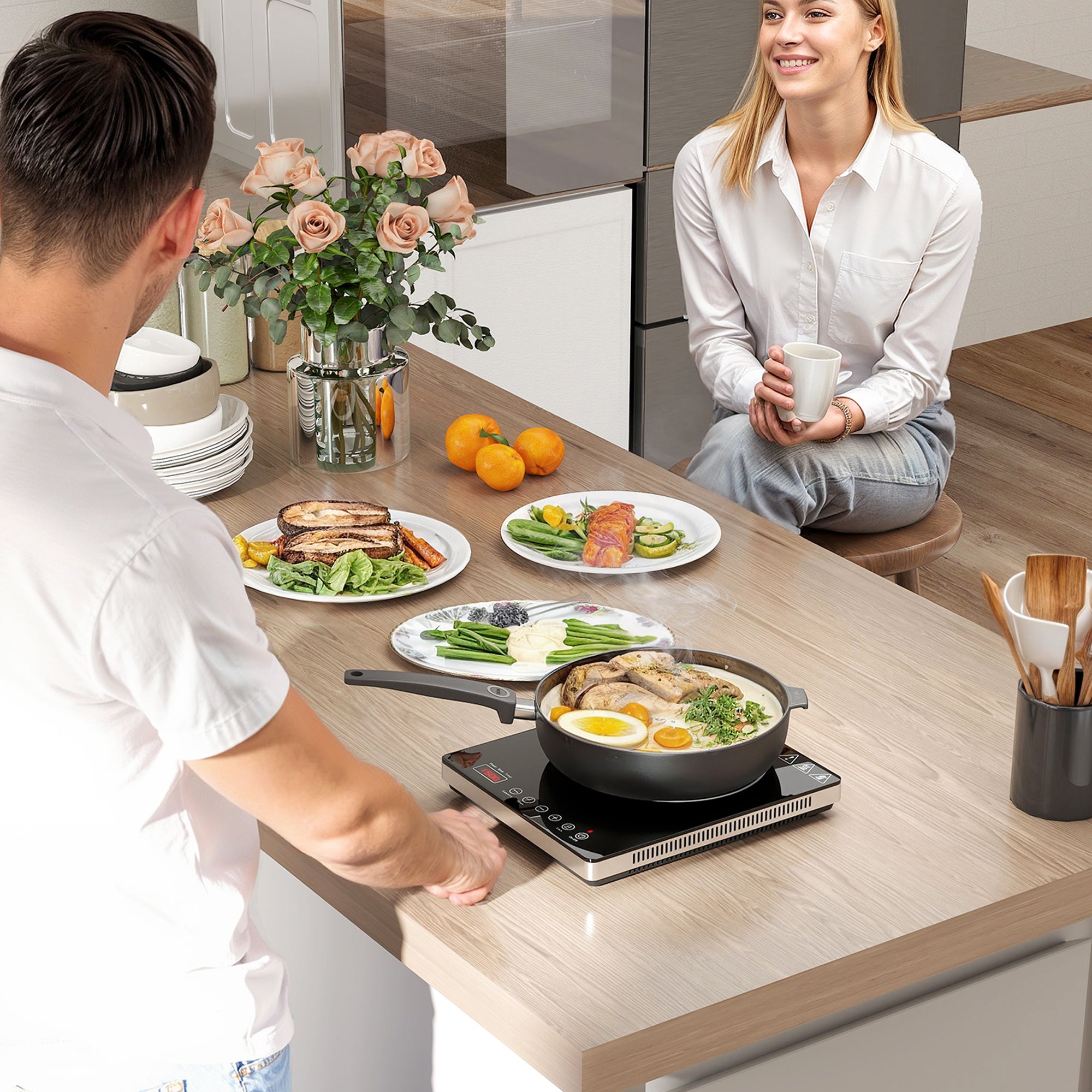 Plaque à induction portable 2000 W plaque de cuisson électrique avec 10 niveaux de température et 10 réglages de puissance, minuterie 3H, écran tactile LED, verrouillage enfant, noir