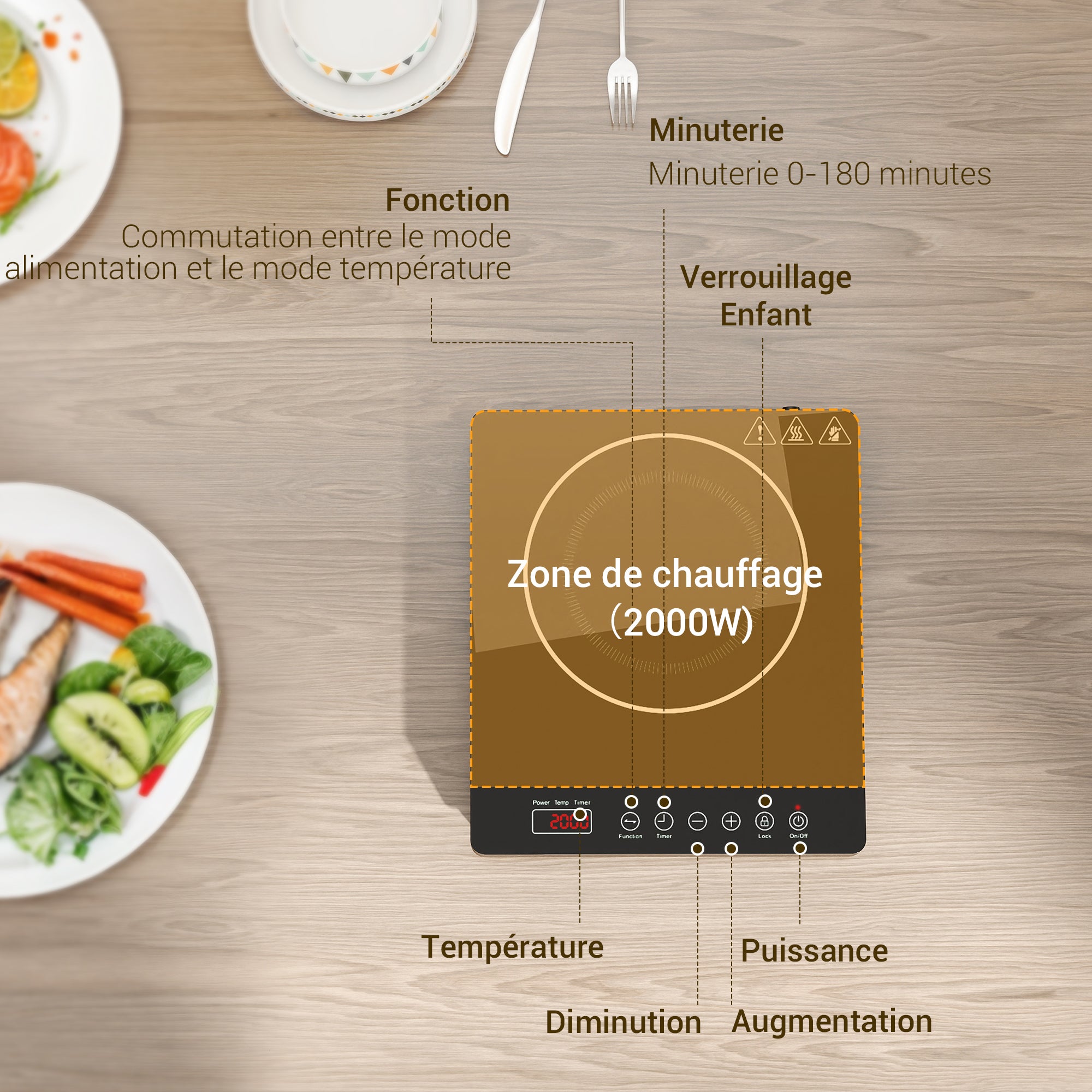 Plaque à induction portable 2000 W plaque de cuisson électrique avec 10 niveaux de température et 10 réglages de puissance, minuterie 3H, écran tactile LED, verrouillage enfant, noir