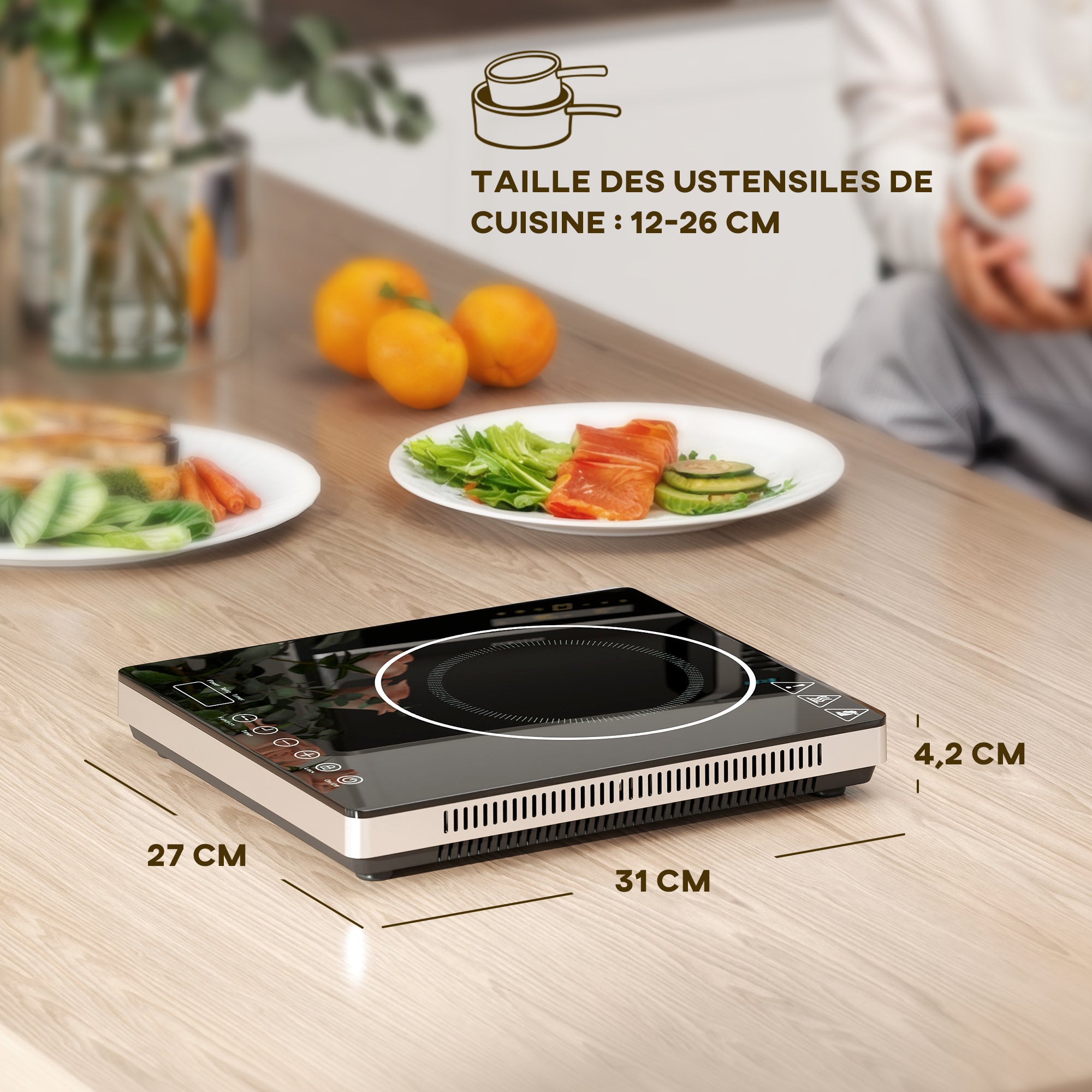 Plaque à induction portable 2000 W plaque de cuisson électrique avec 10 niveaux de température et 10 réglages de puissance, minuterie 3H, écran tactile LED, verrouillage enfant, noir