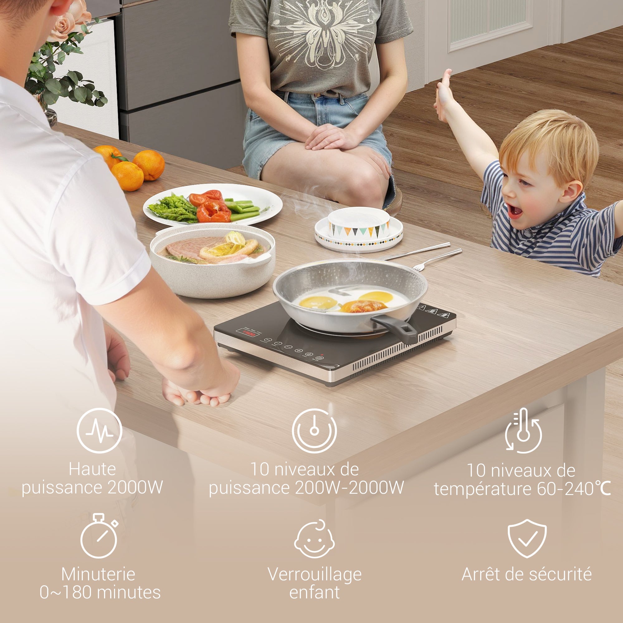 Plaque à induction portable 2000 W plaque de cuisson électrique avec 10 niveaux de température et 10 réglages de puissance, minuterie 3H, écran tactile LED, verrouillage enfant, noir