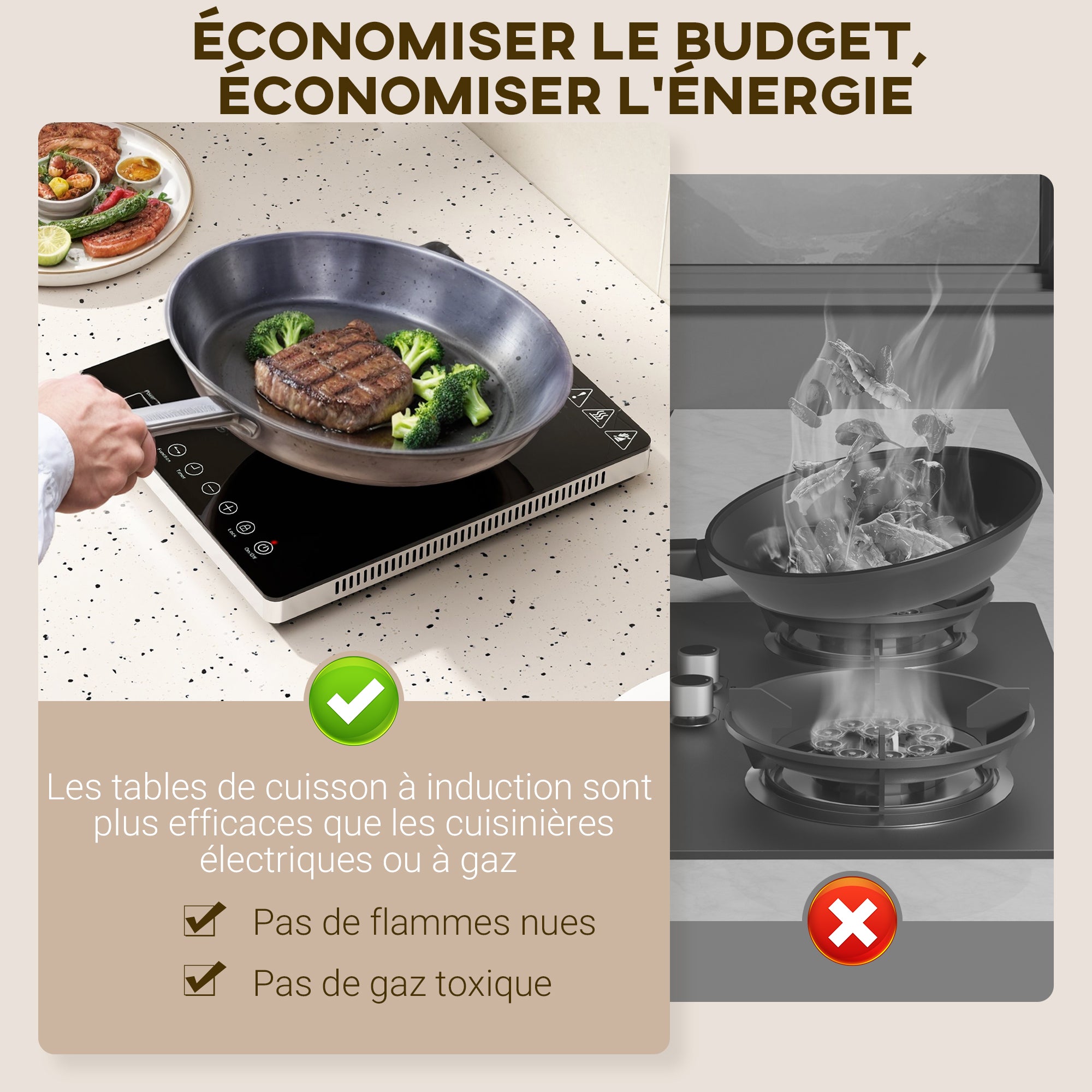 Plaque à induction portable 2000 W plaque de cuisson électrique avec 10 niveaux de température et 10 réglages de puissance, minuterie 3H, écran tactile LED, verrouillage enfant, noir