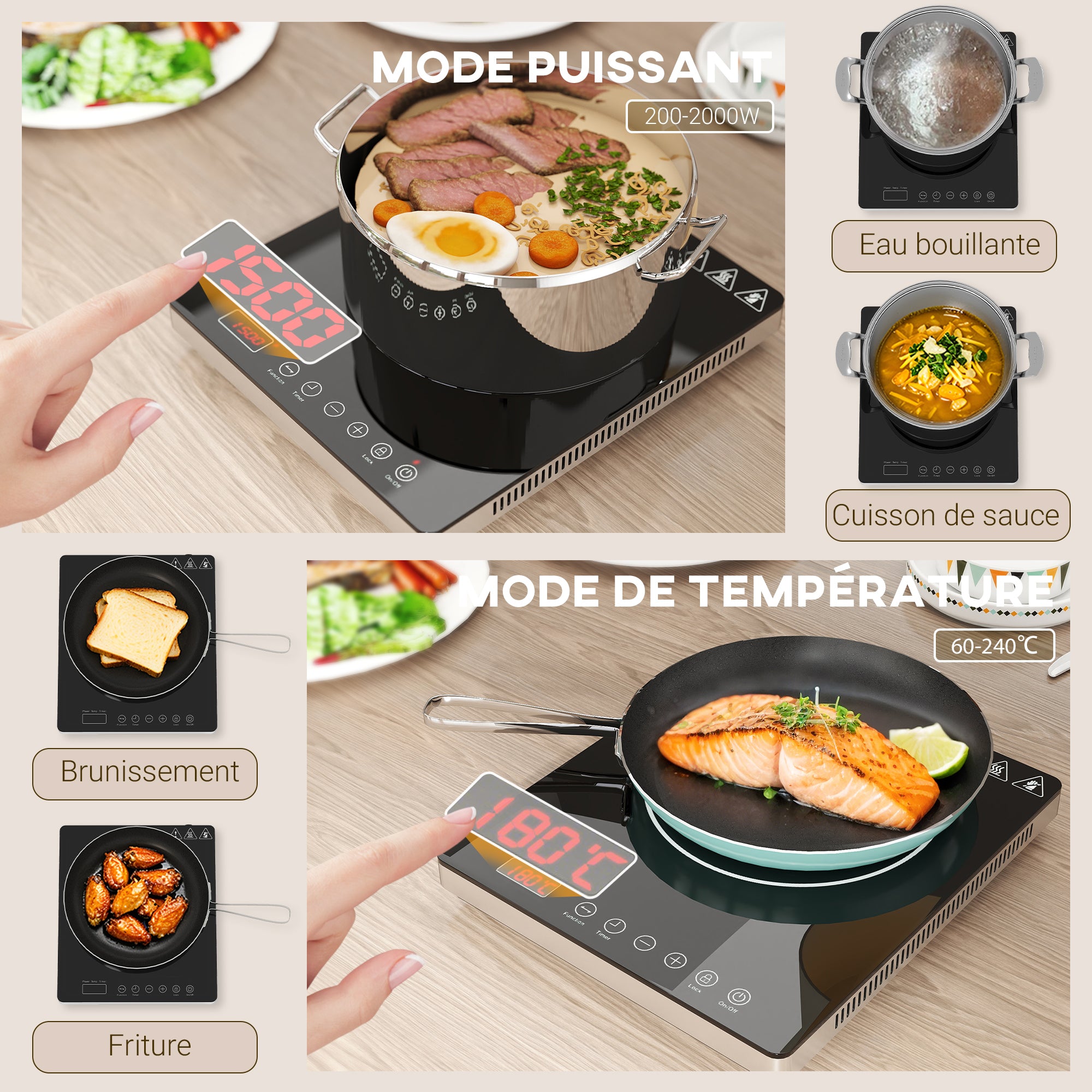 Plaque à induction portable 2000 W plaque de cuisson électrique avec 10 niveaux de température et 10 réglages de puissance, minuterie 3H, écran tactile LED, verrouillage enfant, noir