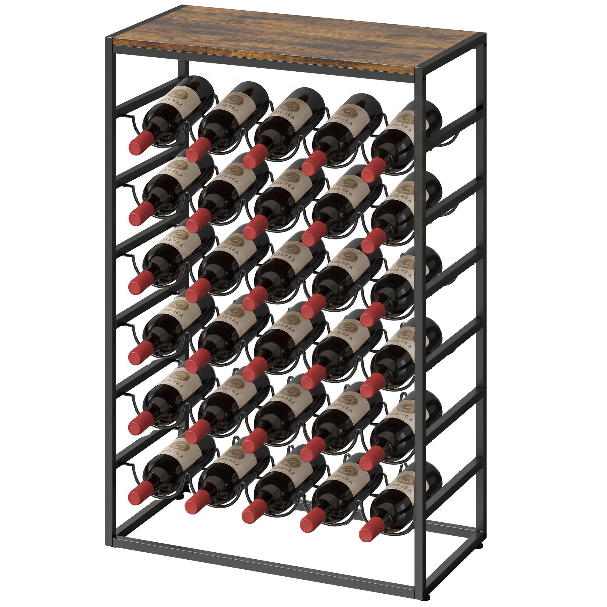 Casier à bouteilles pour 30 bouteilles, étagère à vin avec 6 niveaux avec plateau effet bois, style industriel, casier à vin en métal, pour cave, bars, sous-sols, 59x30x88,5cm, brun rustique