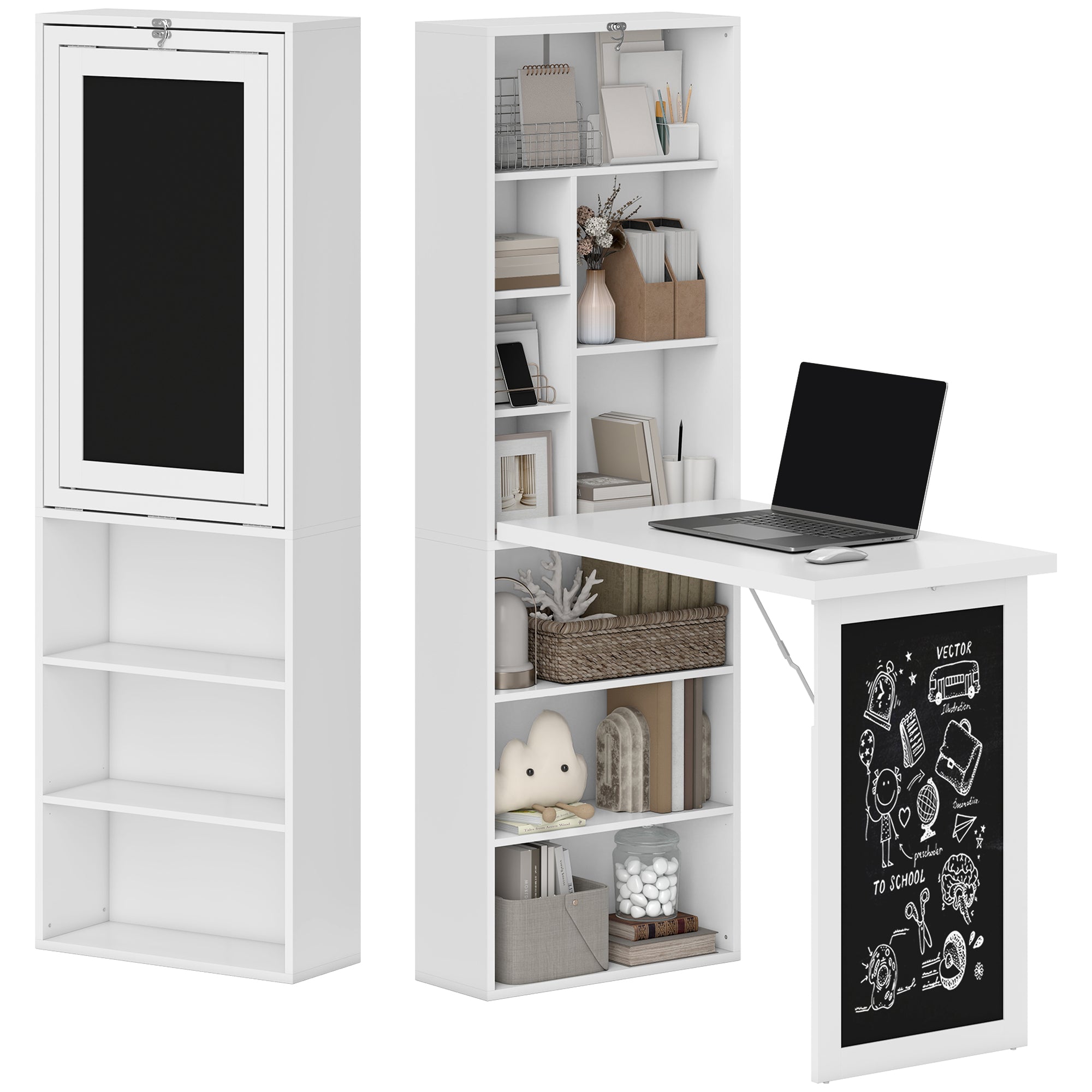 Bureau informatique pliable, bureau avec bibliothèque, poste de travail, tableau noir, 9 compartiments ouverts et étagère réglable, table d'ordinateur pour chambre, 98x51x153cm, blanc