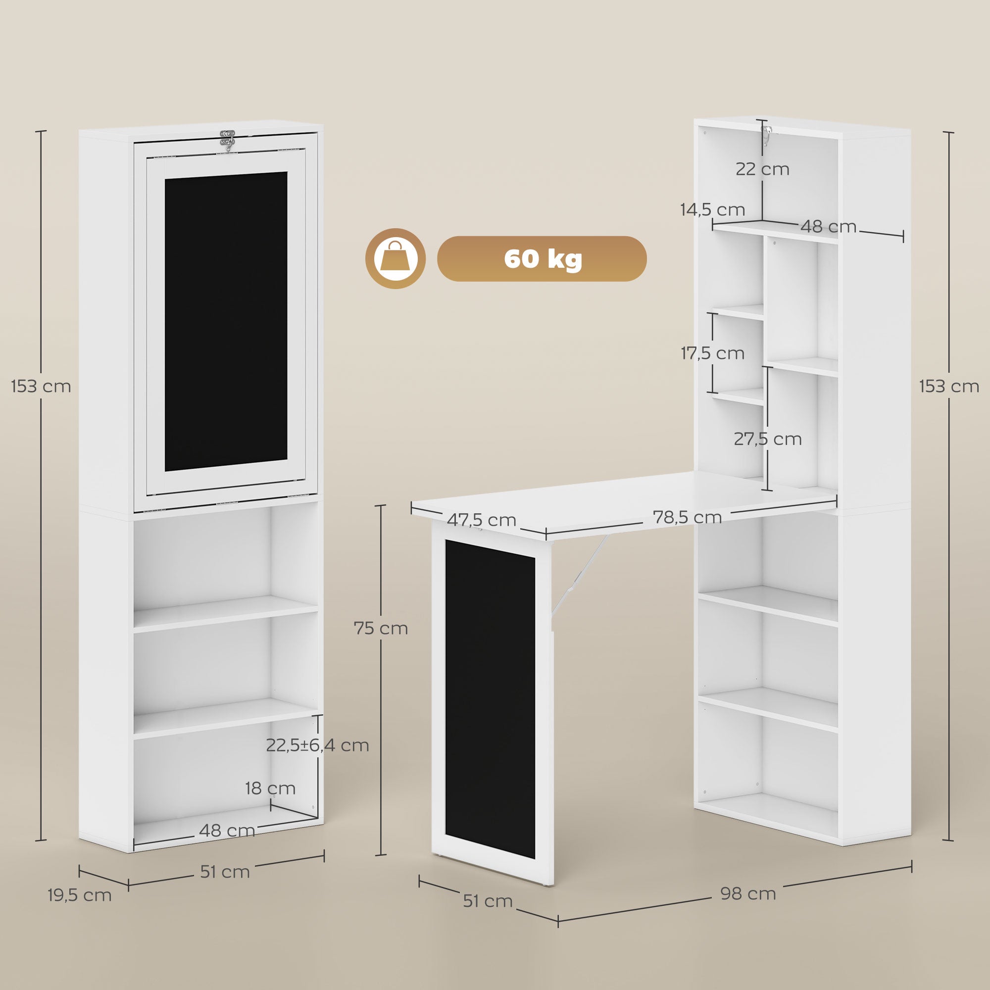 Bureau informatique pliable, bureau avec bibliothèque, poste de travail, tableau noir, 9 compartiments ouverts et étagère réglable, table d'ordinateur pour chambre, 98x51x153cm, blanc