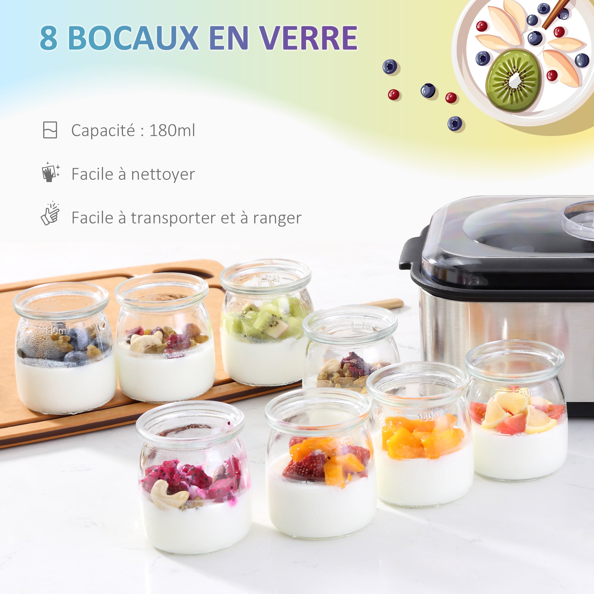 Yaourtière avec 8 pots en verre de 180ml, machine à yaourt électrique en acier inoxydable avec minuterie, thermostat réglable et affichage numérique pour des desserts maison sains