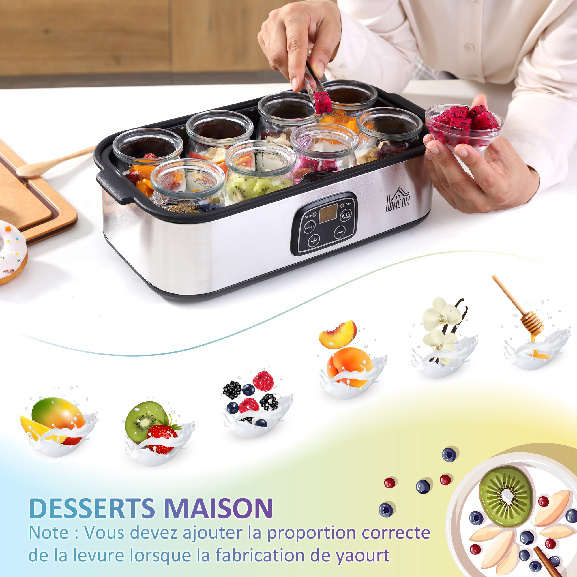 Yaourtière avec 8 pots en verre de 180ml, machine à yaourt électrique en acier inoxydable avec minuterie, thermostat réglable et affichage numérique pour des desserts maison sains