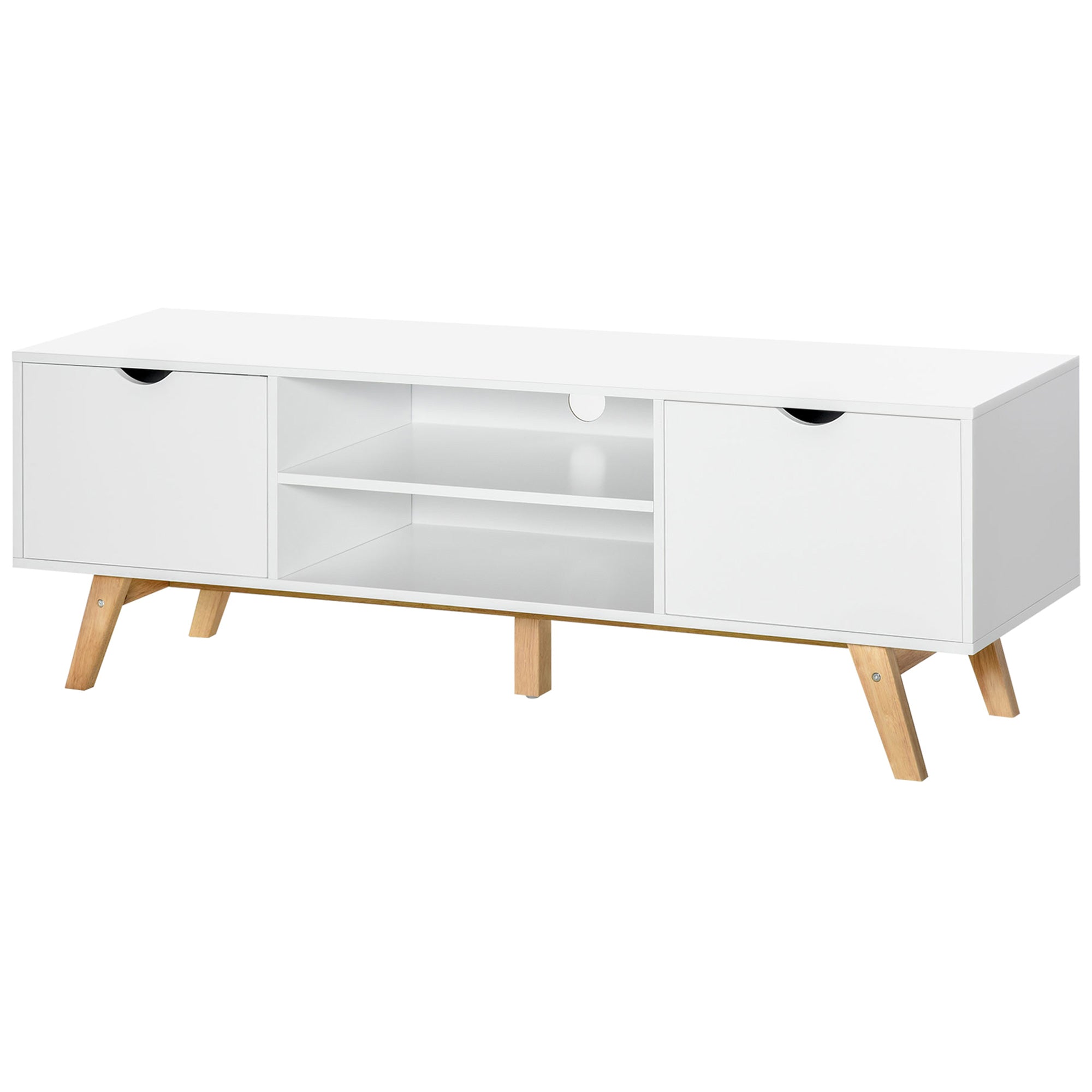 Meuble TV Banc TV sur Pied Moderne Scandinave 2 Portes 2 niches en Bois Blanc 150L x 39l x 50H cm