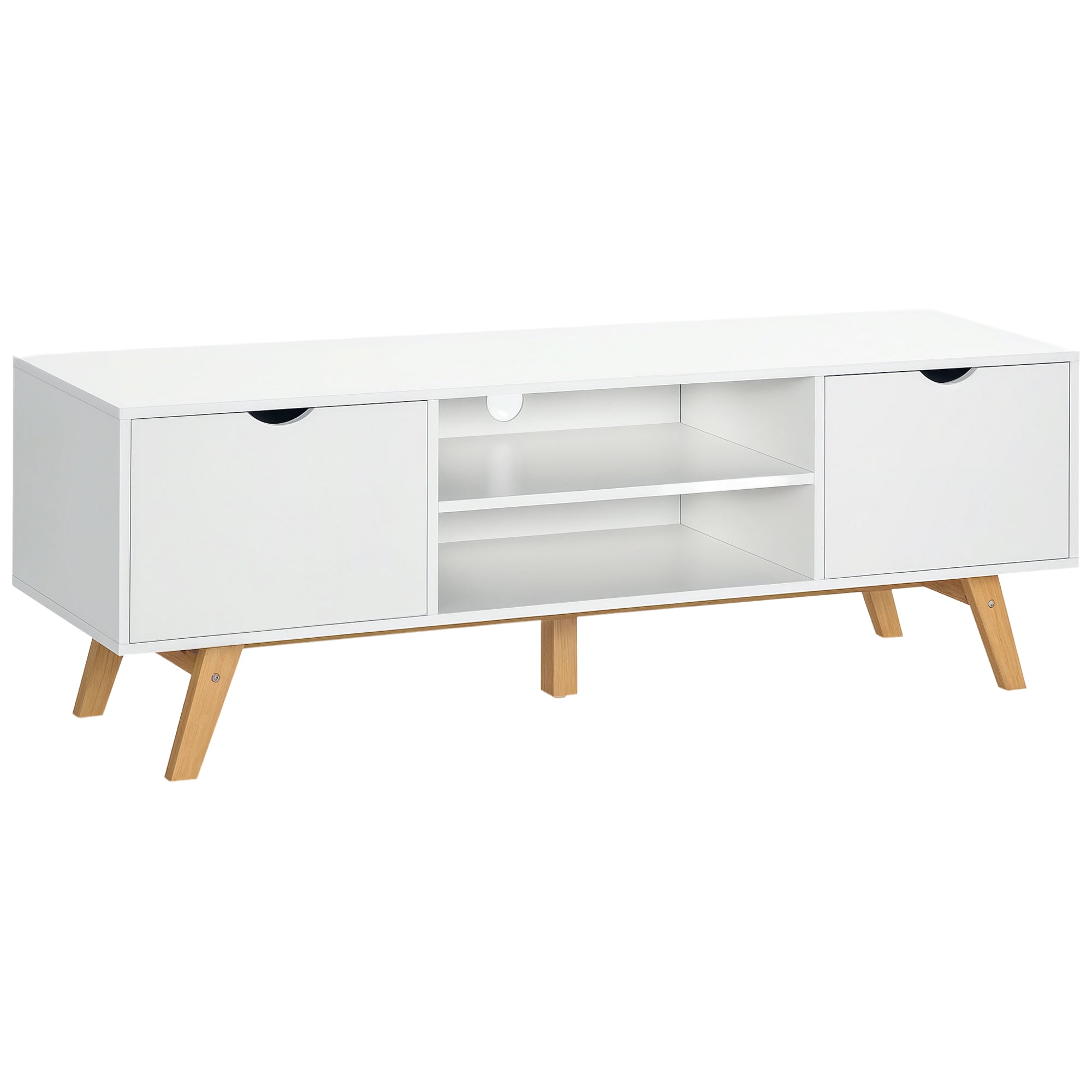 Meuble TV Banc TV sur Pied Moderne Scandinave 2 Portes 2 niches en Bois Blanc 150L x 39l x 50H cm