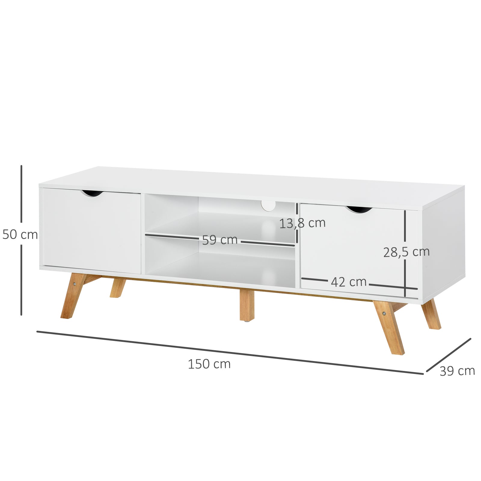 Meuble TV Banc TV sur Pied Moderne Scandinave 2 Portes 2 niches en Bois Blanc 150L x 39l x 50H cm
