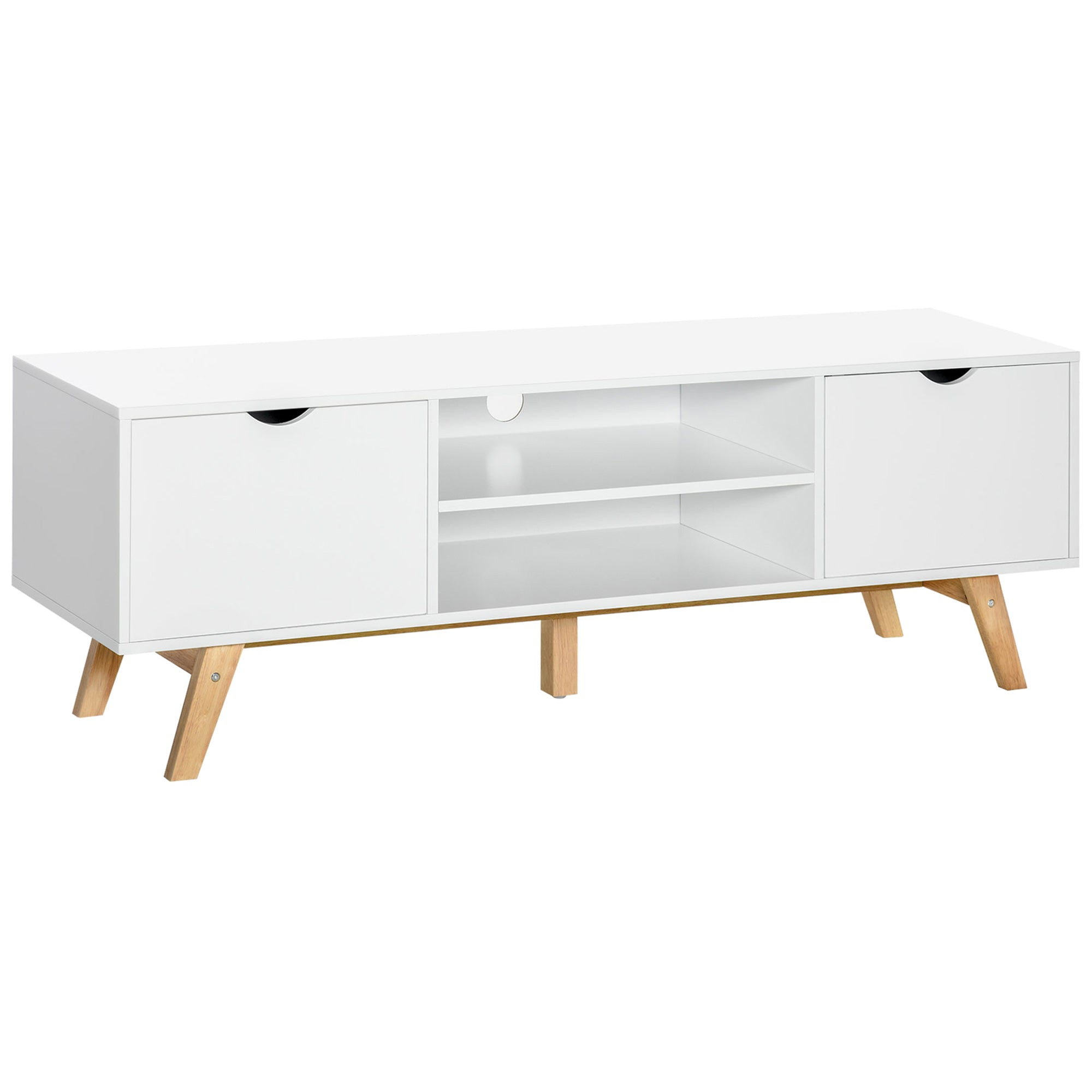 Meuble TV Banc TV sur Pied Moderne Scandinave 2 Portes 2 niches en Bois Blanc 150L x 39l x 50H cm