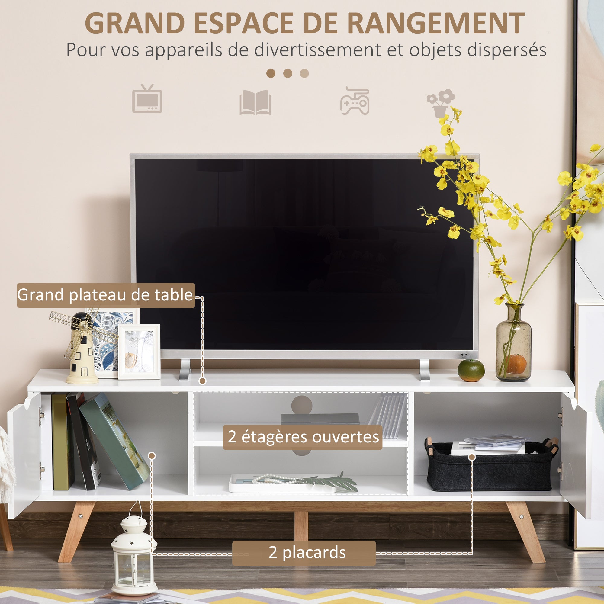 Meuble TV Banc TV sur Pied Moderne Scandinave 2 Portes 2 niches en Bois Blanc 150L x 39l x 50H cm