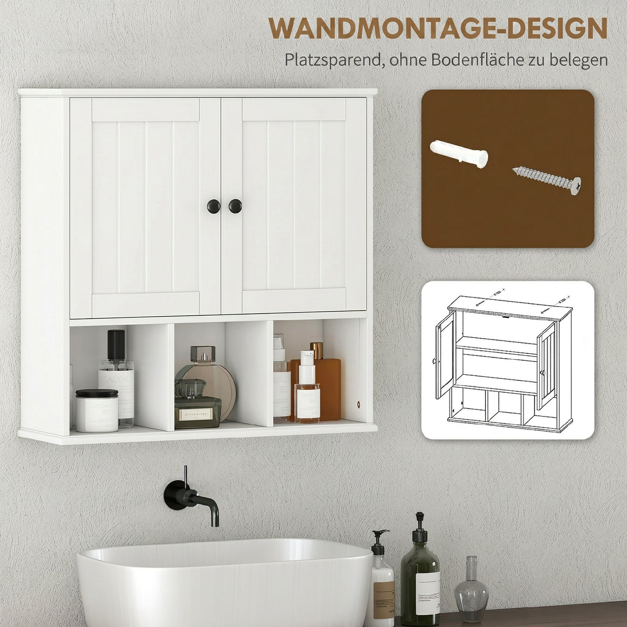 Armoire murale de salle de bain, meuble de rangement suspendu pour salle de bains avec 2 portes, étagère réglable et compartiments ouverts, meuble WC suspendu, 60 x 19,5 x 60 cm, blanc
