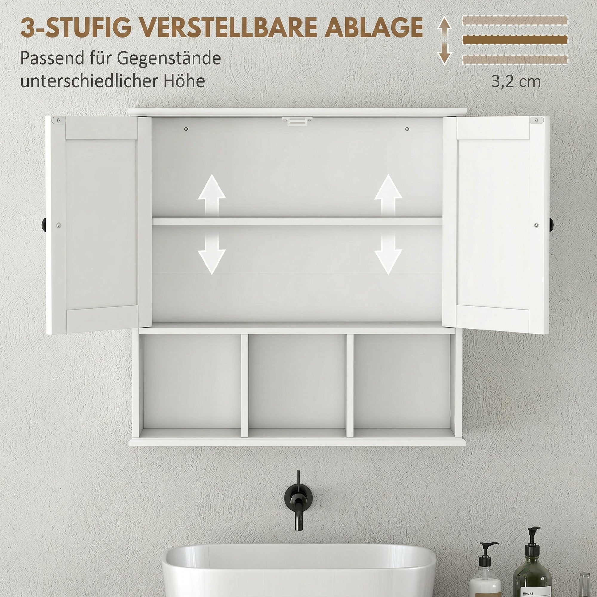 Armoire murale de salle de bain, meuble de rangement suspendu pour salle de bains avec 2 portes, étagère réglable et compartiments ouverts, meuble WC suspendu, 60 x 19,5 x 60 cm, blanc