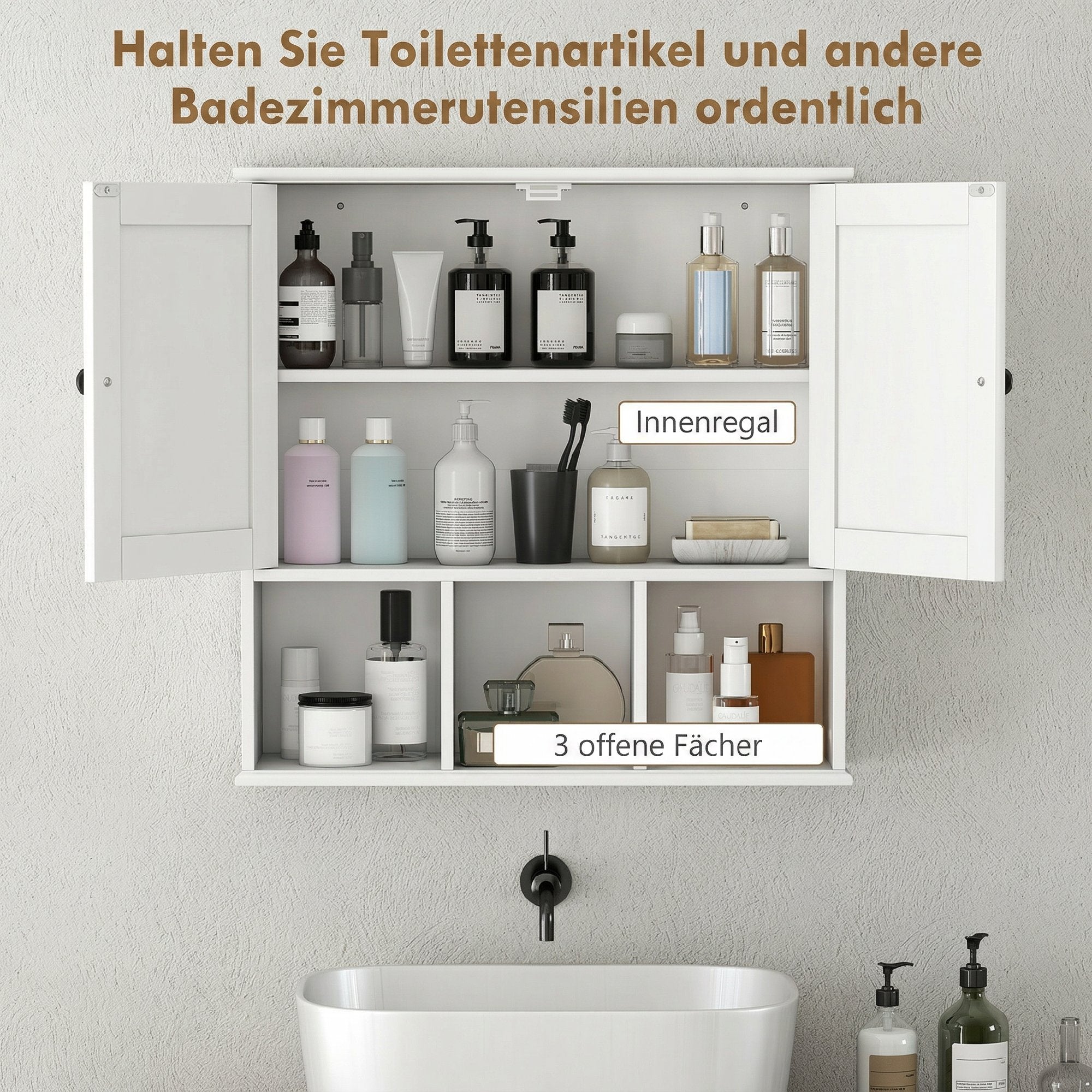 Armoire murale de salle de bain, meuble de rangement suspendu pour salle de bains avec 2 portes, étagère réglable et compartiments ouverts, meuble WC suspendu, 60 x 19,5 x 60 cm, blanc