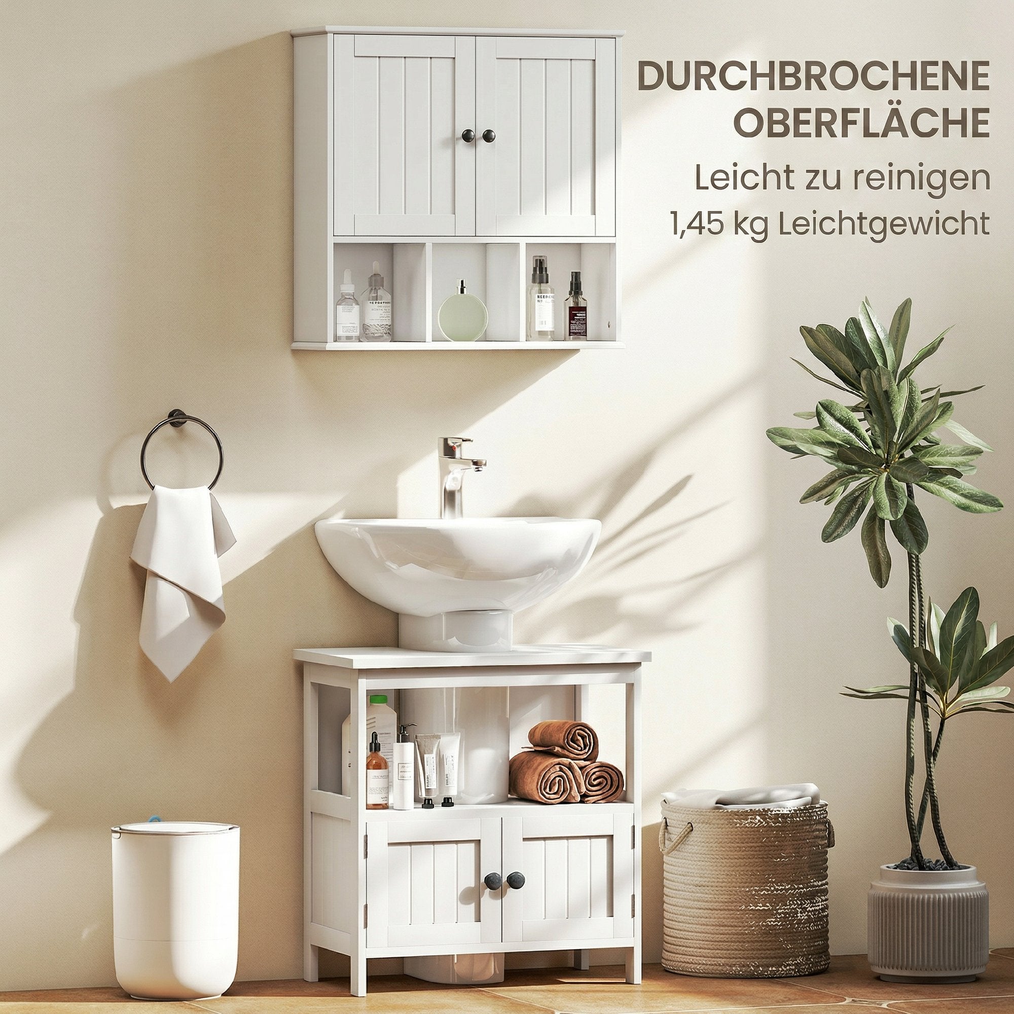 Armoire murale de salle de bain, meuble de rangement suspendu pour salle de bains avec 2 portes, étagère réglable et compartiments ouverts, meuble WC suspendu, 60 x 19,5 x 60 cm, blanc