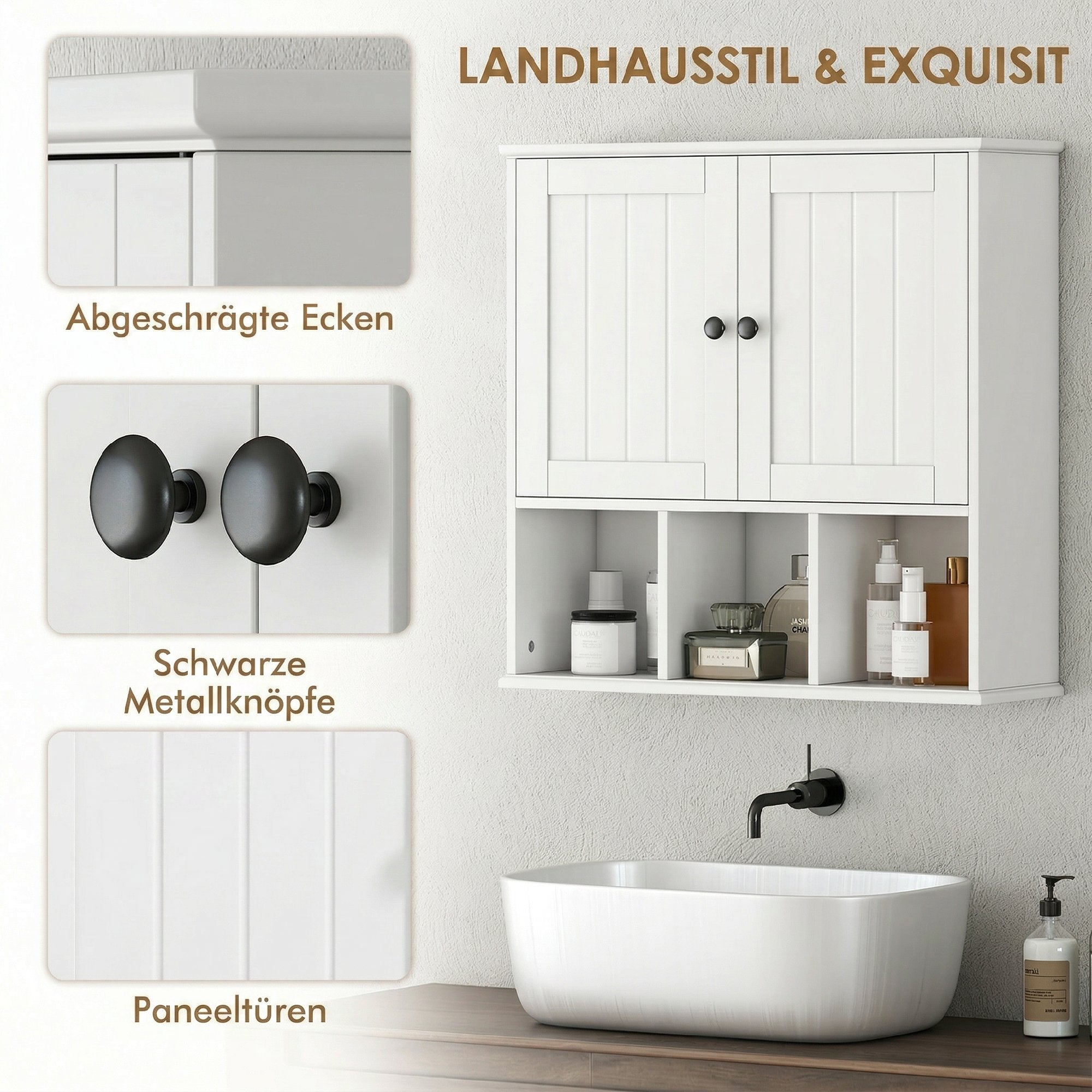Armoire murale de salle de bain, meuble de rangement suspendu pour salle de bains avec 2 portes, étagère réglable et compartiments ouverts, meuble WC suspendu, 60 x 19,5 x 60 cm, blanc