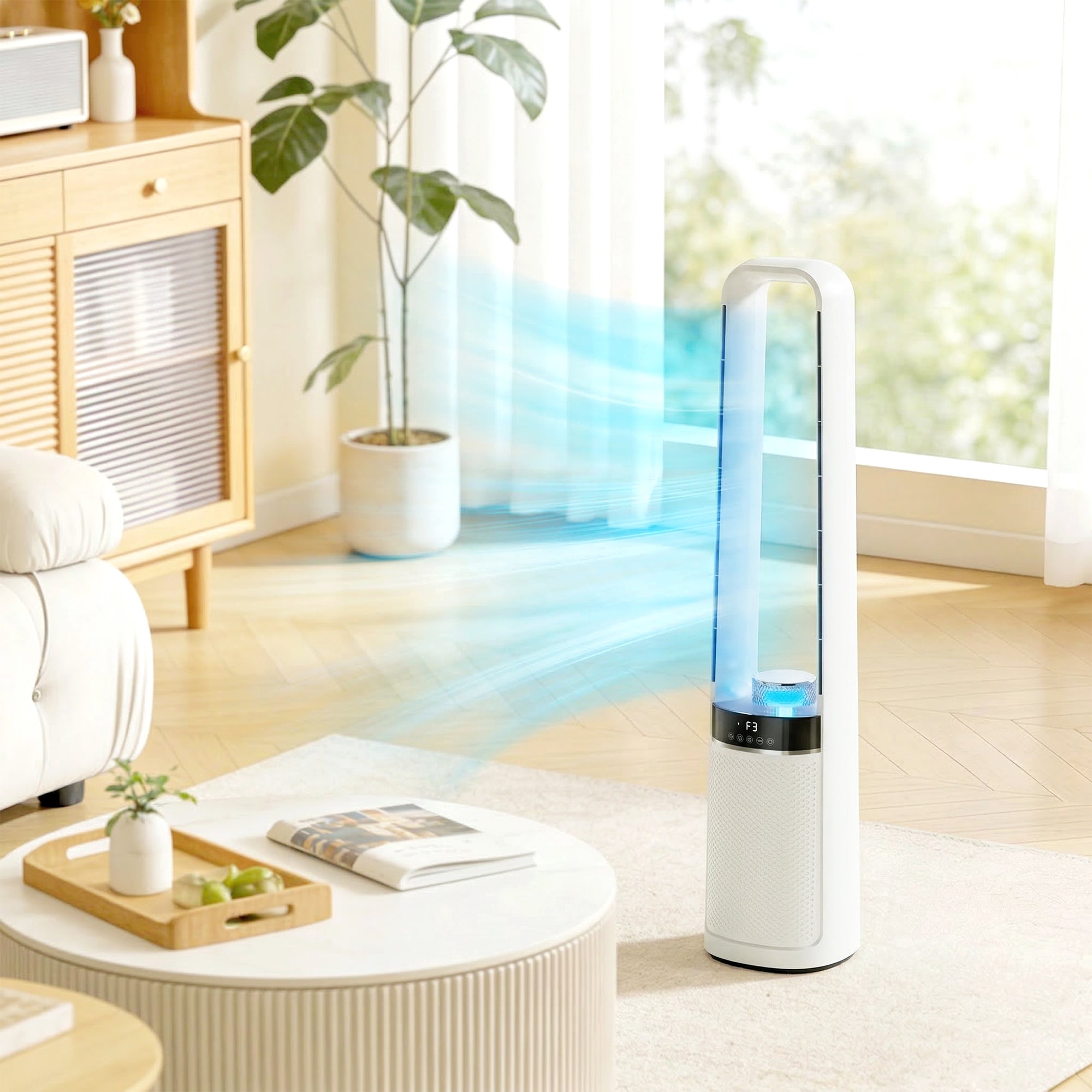 Ventilateur colonne silencieux 36dB, ventilateur tour pour chambre, 93,3cm de haut, oscillant à 45°, lumières LED, 3 vitesses, minuteur 12H, télécommande, blanc