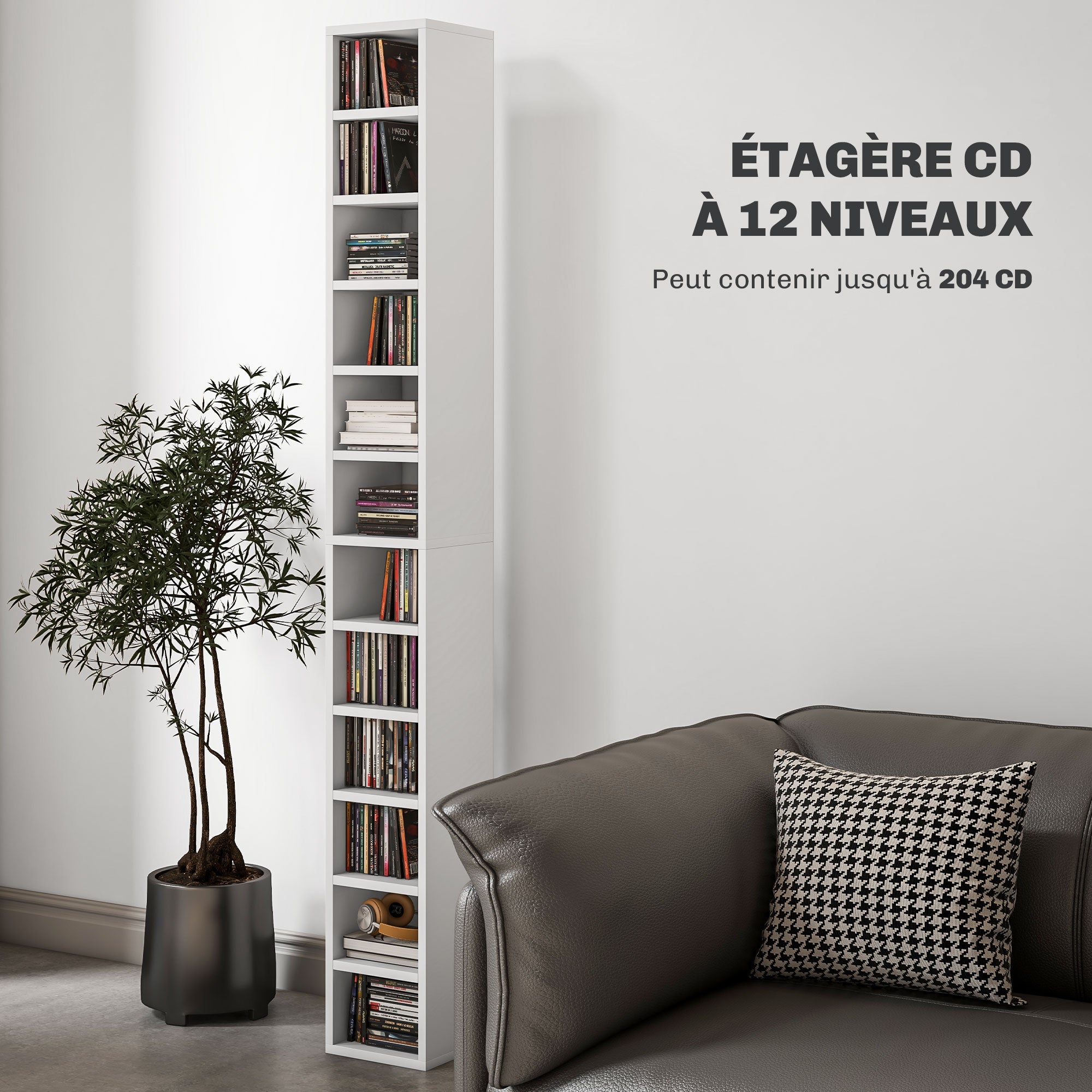 Rangements pour CD et DVD, étagère colonne de rangement, meuble de rangement avec 12 compartiments, capacité max. 204 CD, 21 x 20 x 175 cm, blanc