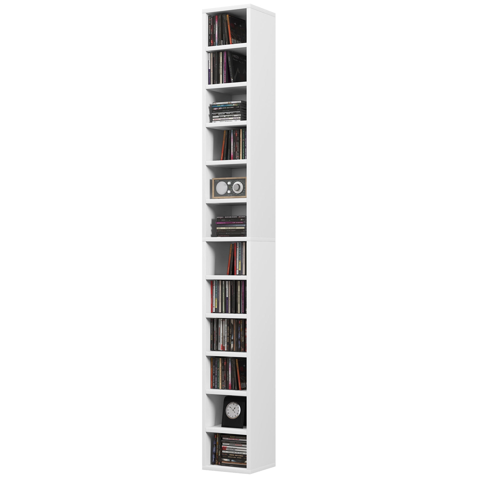 Rangements pour CD et DVD, étagère colonne de rangement, meuble de rangement avec 12 compartiments, capacité max. 204 CD, 21 x 20 x 175 cm, blanc