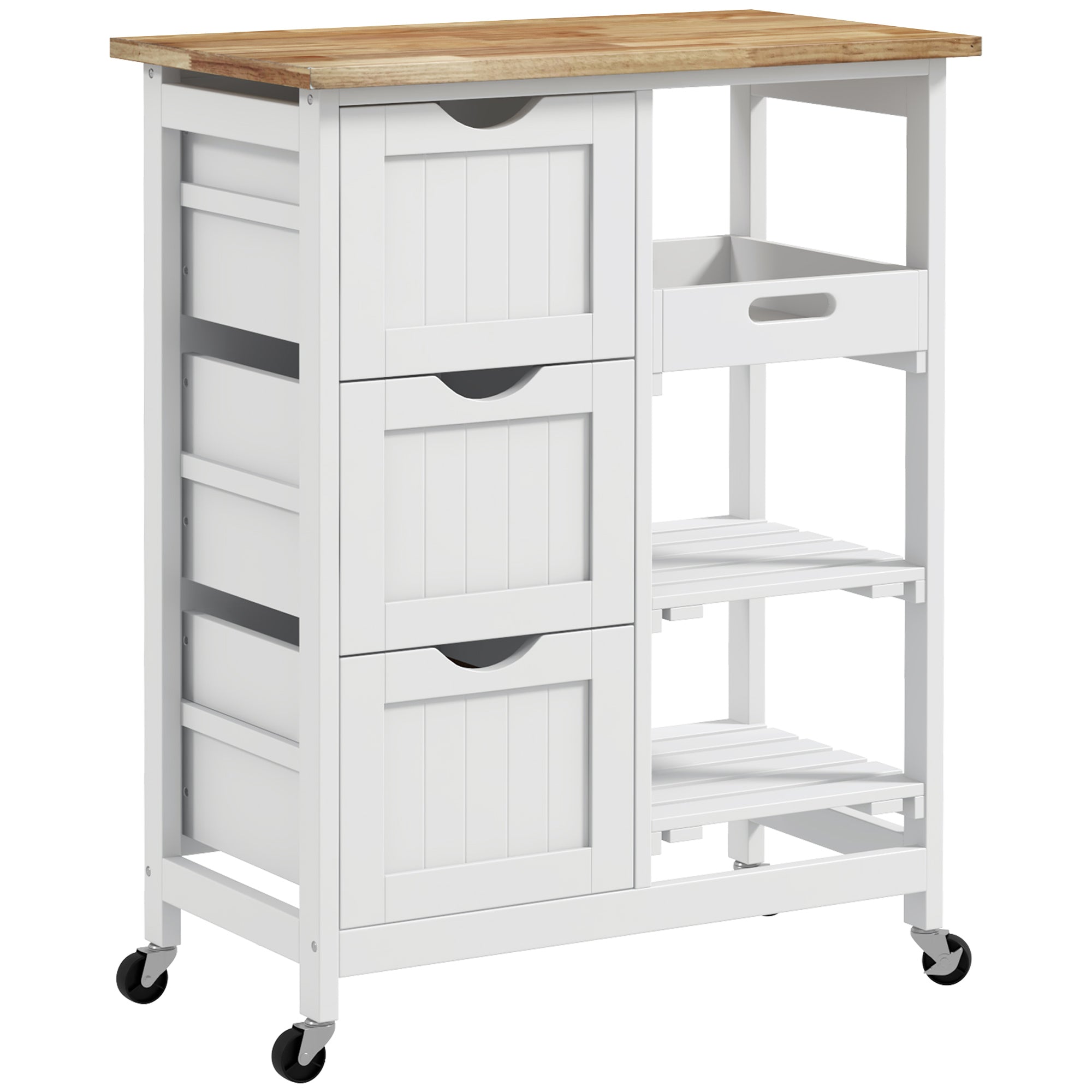 Chariot de service desserte de cuisine à roulettes plan de travail en bois de caoutchouc 3 tiroirs + 1 plateau amovible 67 x 37 x 85,5 cm blanc