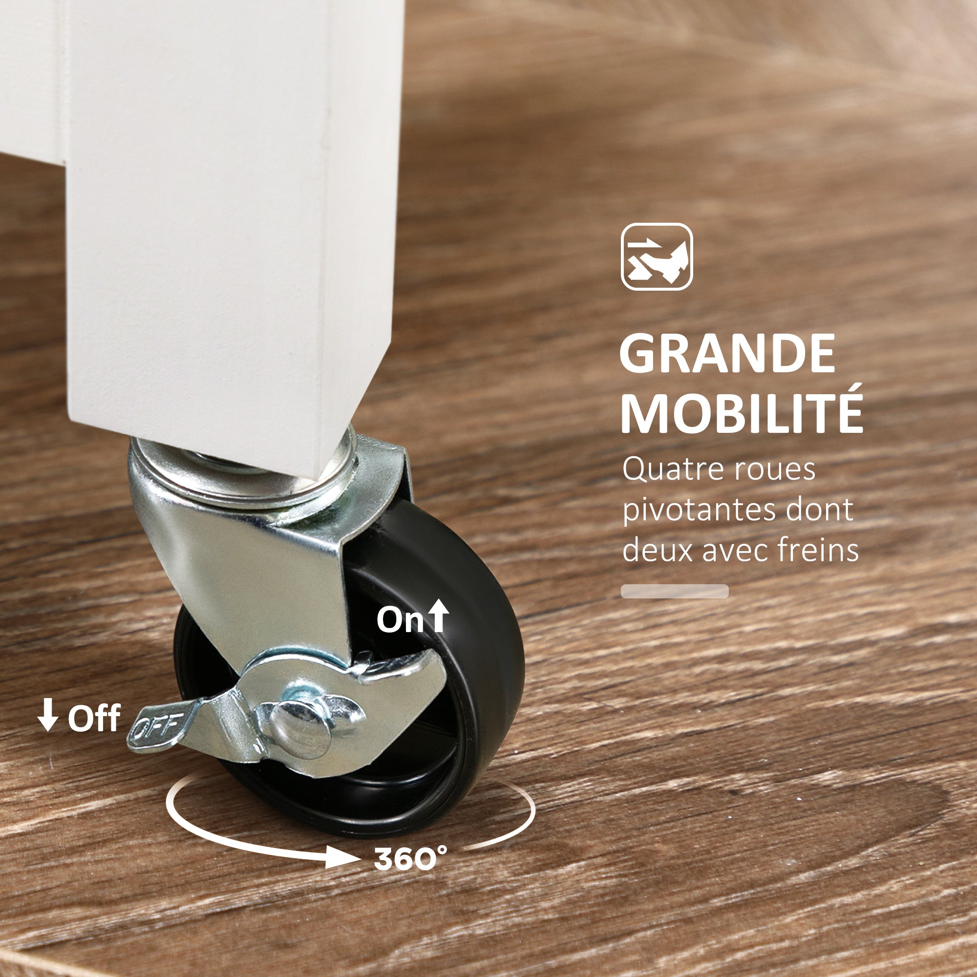 Chariot de service desserte de cuisine à roulettes plan de travail en bois de caoutchouc 3 tiroirs + 1 plateau amovible 67 x 37 x 85,5 cm blanc