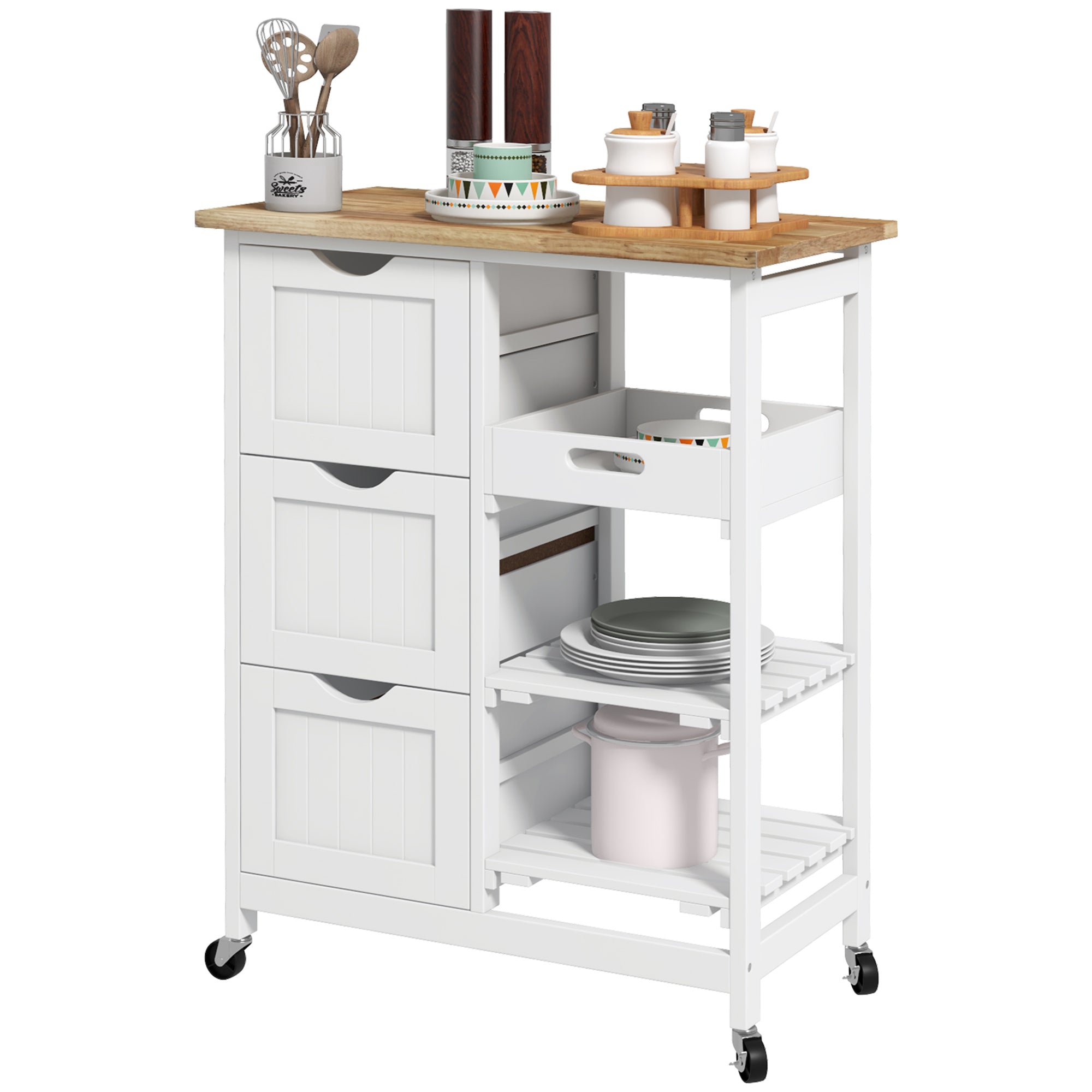 Chariot de service desserte de cuisine à roulettes plan de travail en bois de caoutchouc 3 tiroirs + 1 plateau amovible 67 x 37 x 85,5 cm blanc