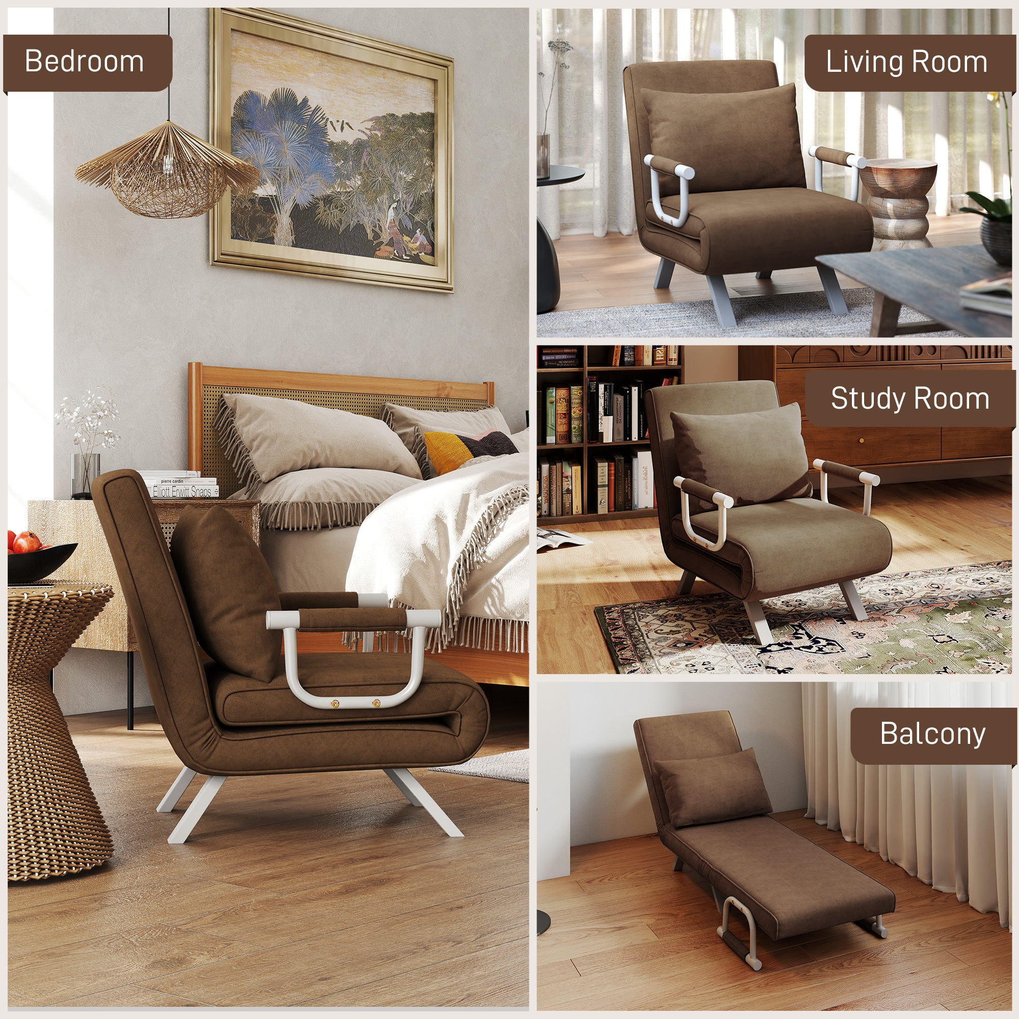 Fauteuil chauffeuse canapé-lit Convertible 1 Place déhoussable Grand Confort Coussin Pieds accoudoirs métal suède Marron