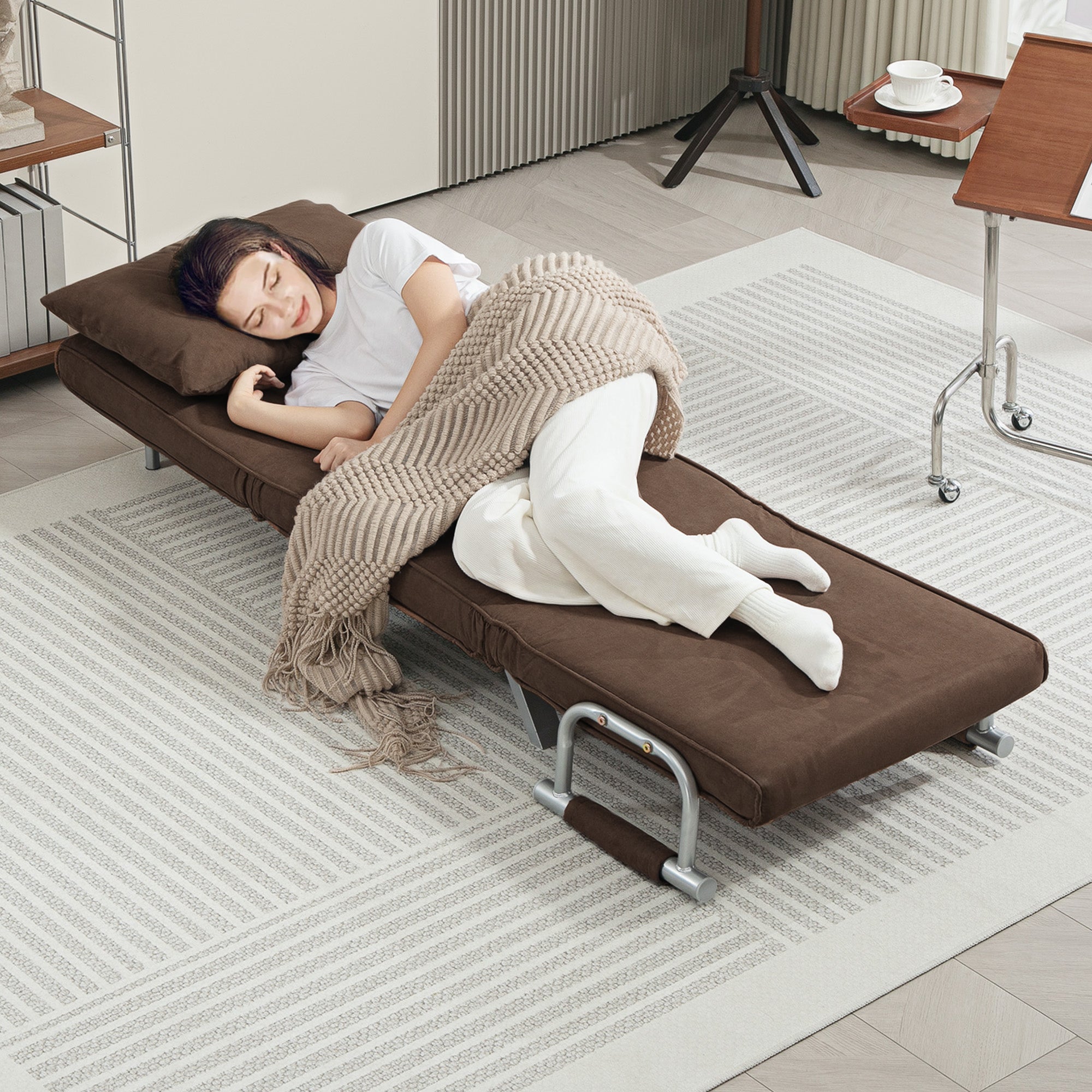 Fauteuil chauffeuse canapé-lit Convertible 1 Place déhoussable Grand Confort Coussin Pieds accoudoirs métal suède Marron