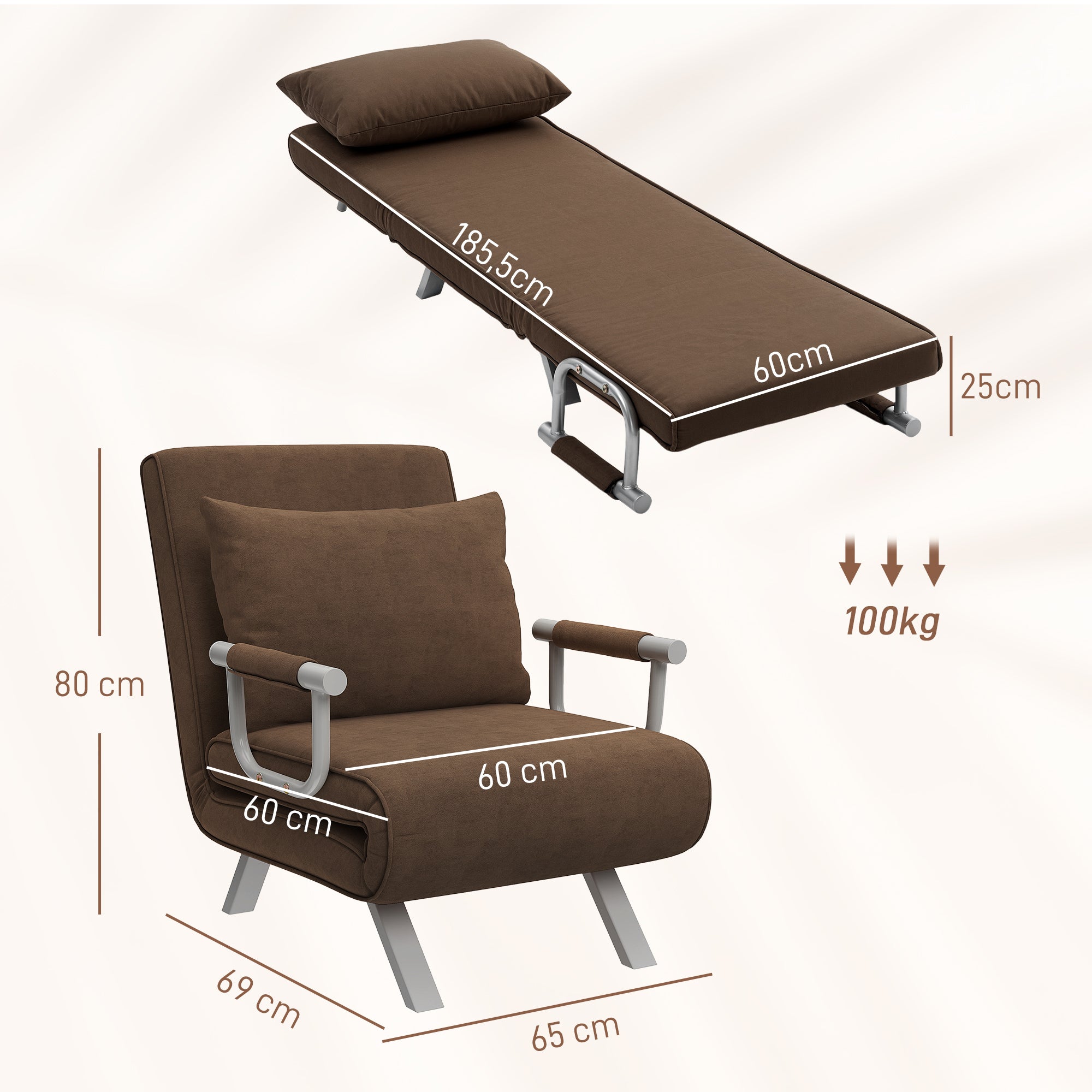 Fauteuil chauffeuse canapé-lit Convertible 1 Place déhoussable Grand Confort Coussin Pieds accoudoirs métal suède Marron