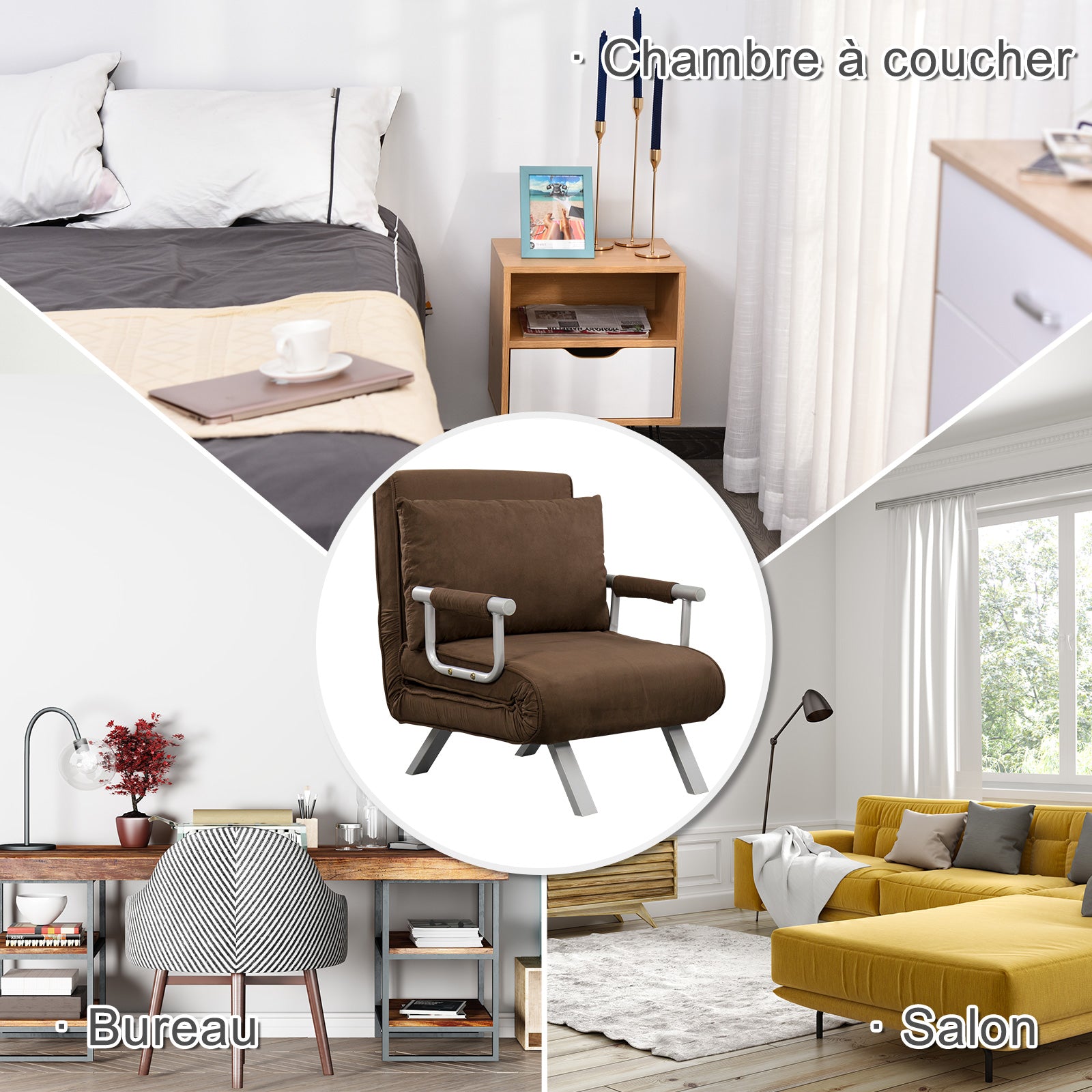 Fauteuil chauffeuse canapé-lit Convertible 1 Place déhoussable Grand Confort Coussin Pieds accoudoirs métal suède Marron