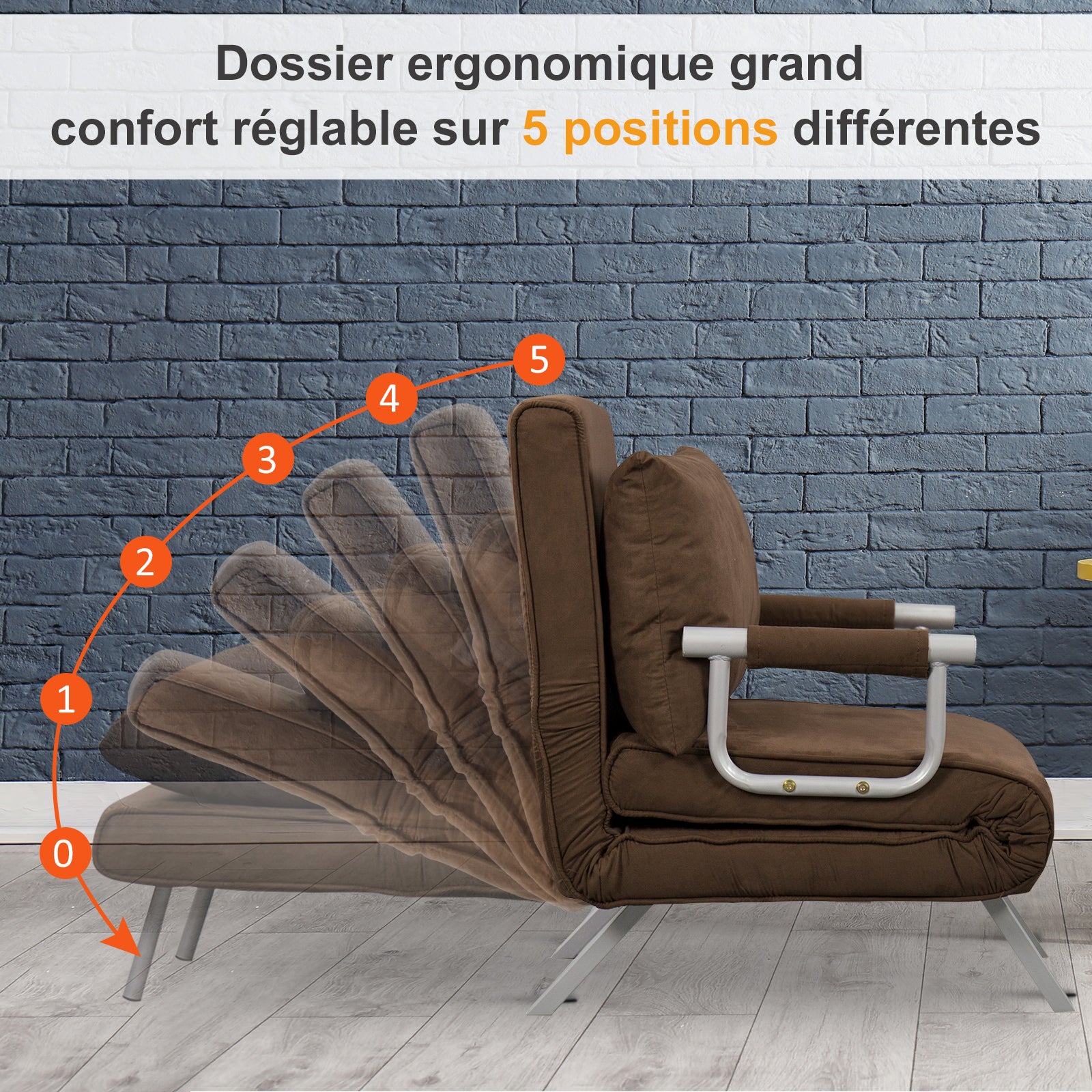 Fauteuil chauffeuse canapé-lit Convertible 1 Place déhoussable Grand Confort Coussin Pieds accoudoirs métal suède Marron