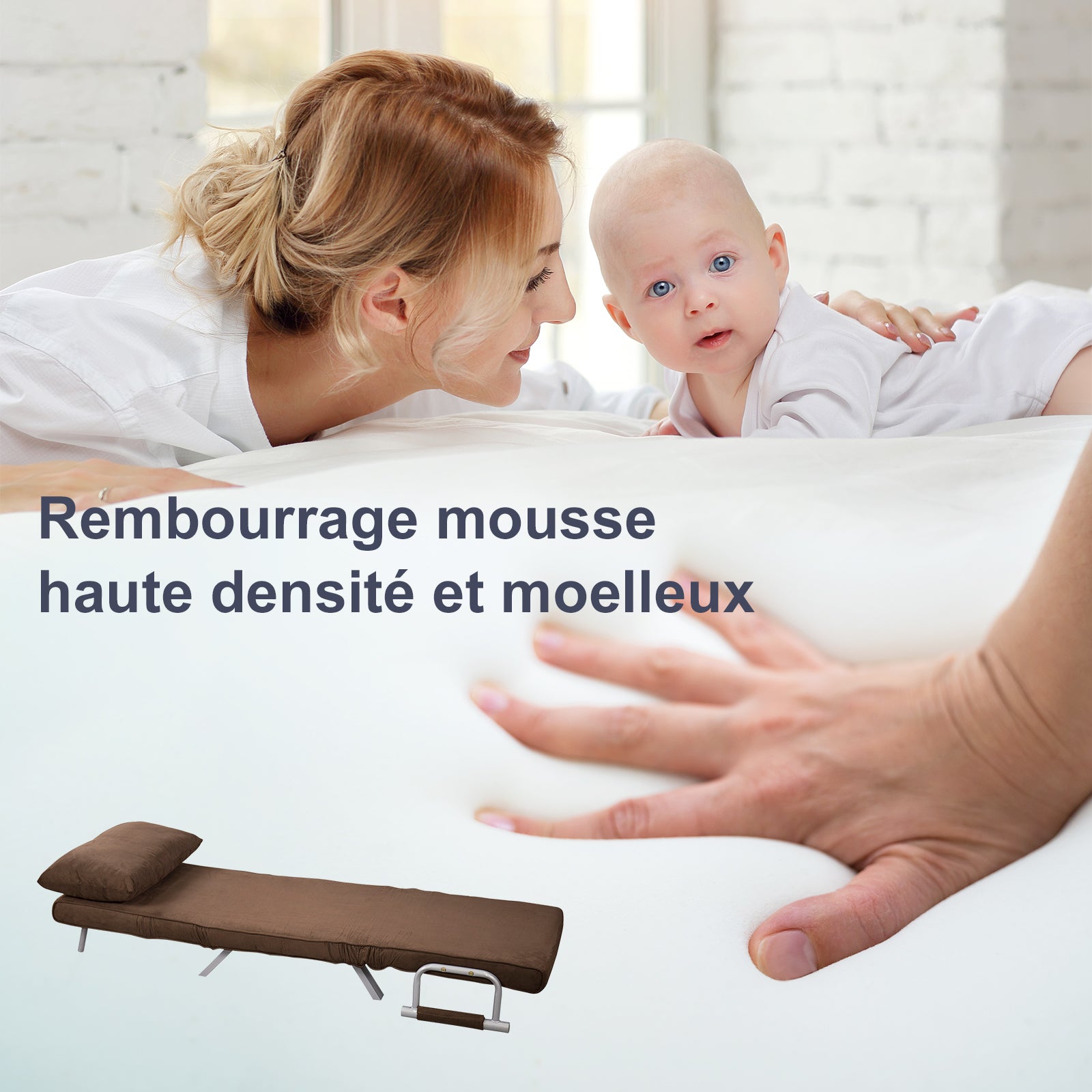 Fauteuil chauffeuse canapé-lit Convertible 1 Place déhoussable Grand Confort Coussin Pieds accoudoirs métal suède Marron