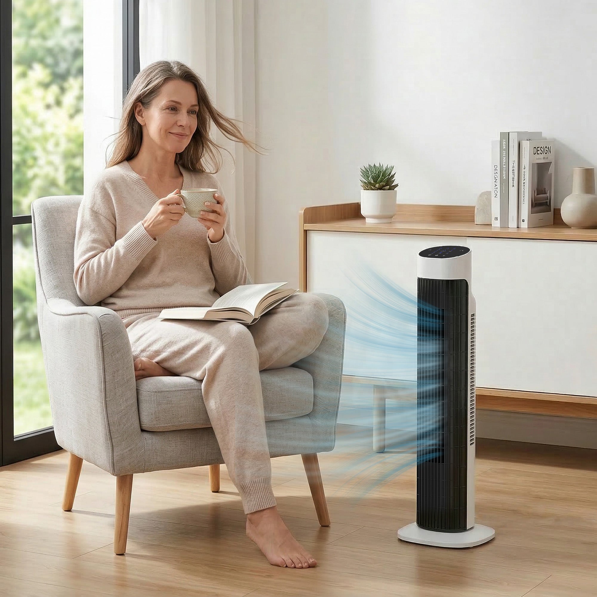 Ventilateur colonne, ventilateur tour pour chambre, 80 cm de haut, oscillant à 70°, écran LED, télécommande, 3 vitesses, minuterie 12H, blanc et noir