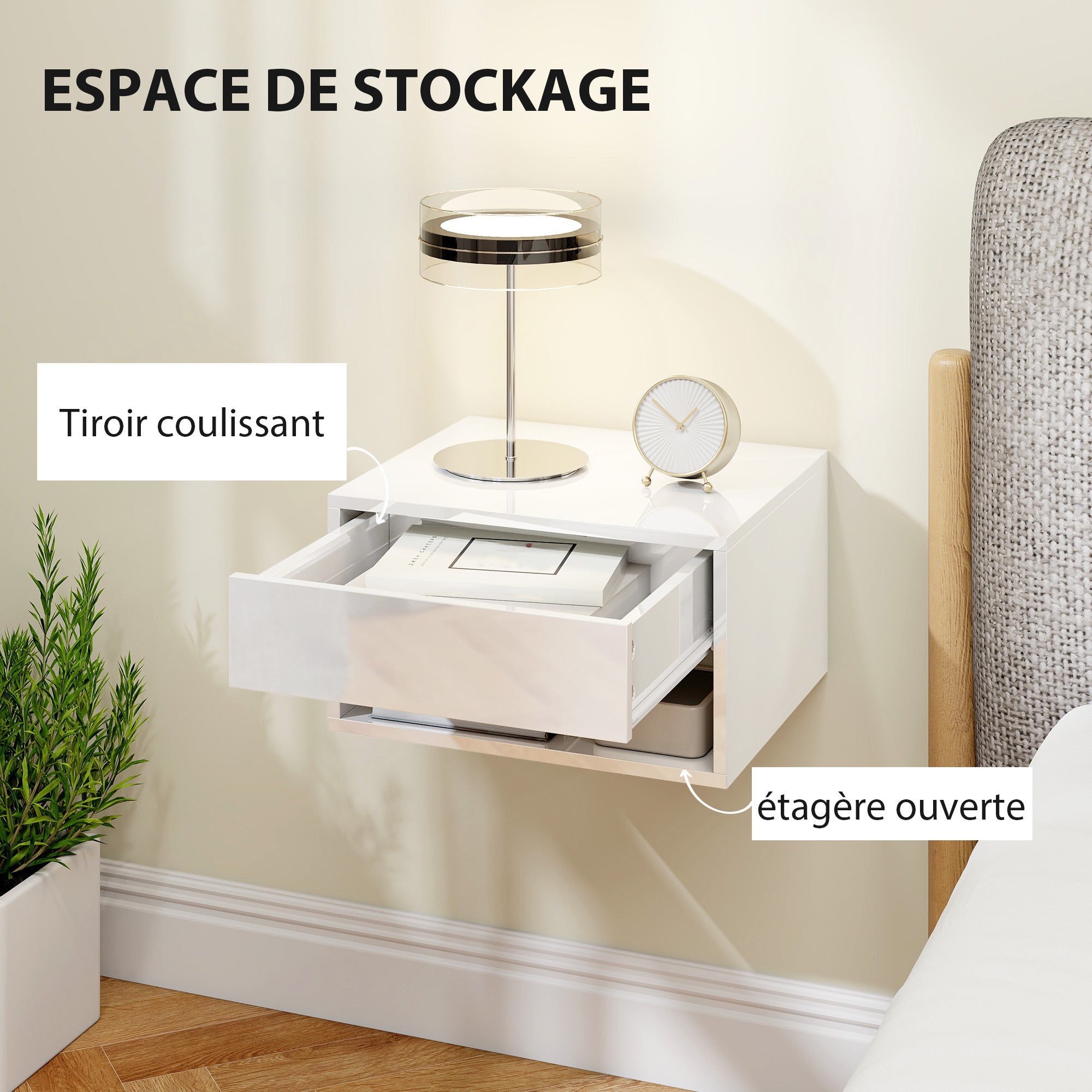 Lot de 2 tables de chevet murales, tables de nuit suspendues avec tiroir coulissant, compartiment ouvert, plateau, style moderne, 37 x 32 x 21 cm, blanc